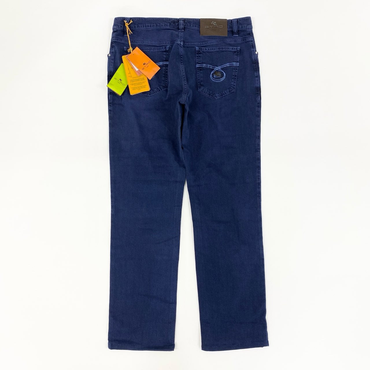 21f17 《未使用保管品》タグ付 ETRO エトロ イタリア製 デニムパンツ ジーンズ ボトムス 革パッチ ポケット刺繍 14776 34 ブルー コットン