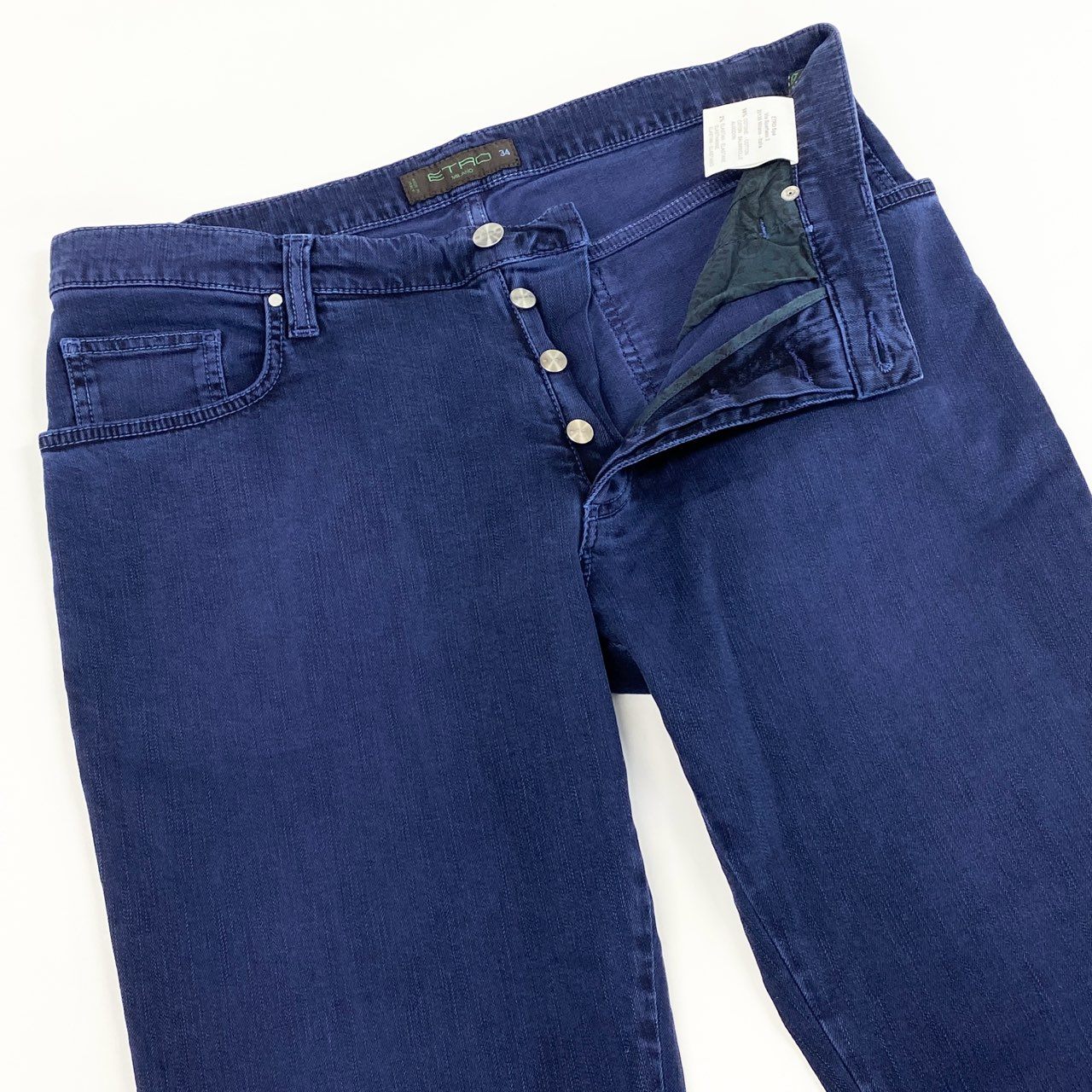 21f17 《未使用保管品》タグ付 ETRO エトロ イタリア製 デニムパンツ ジーンズ ボトムス 革パッチ ポケット刺繍 14776 34 ブルー コットン