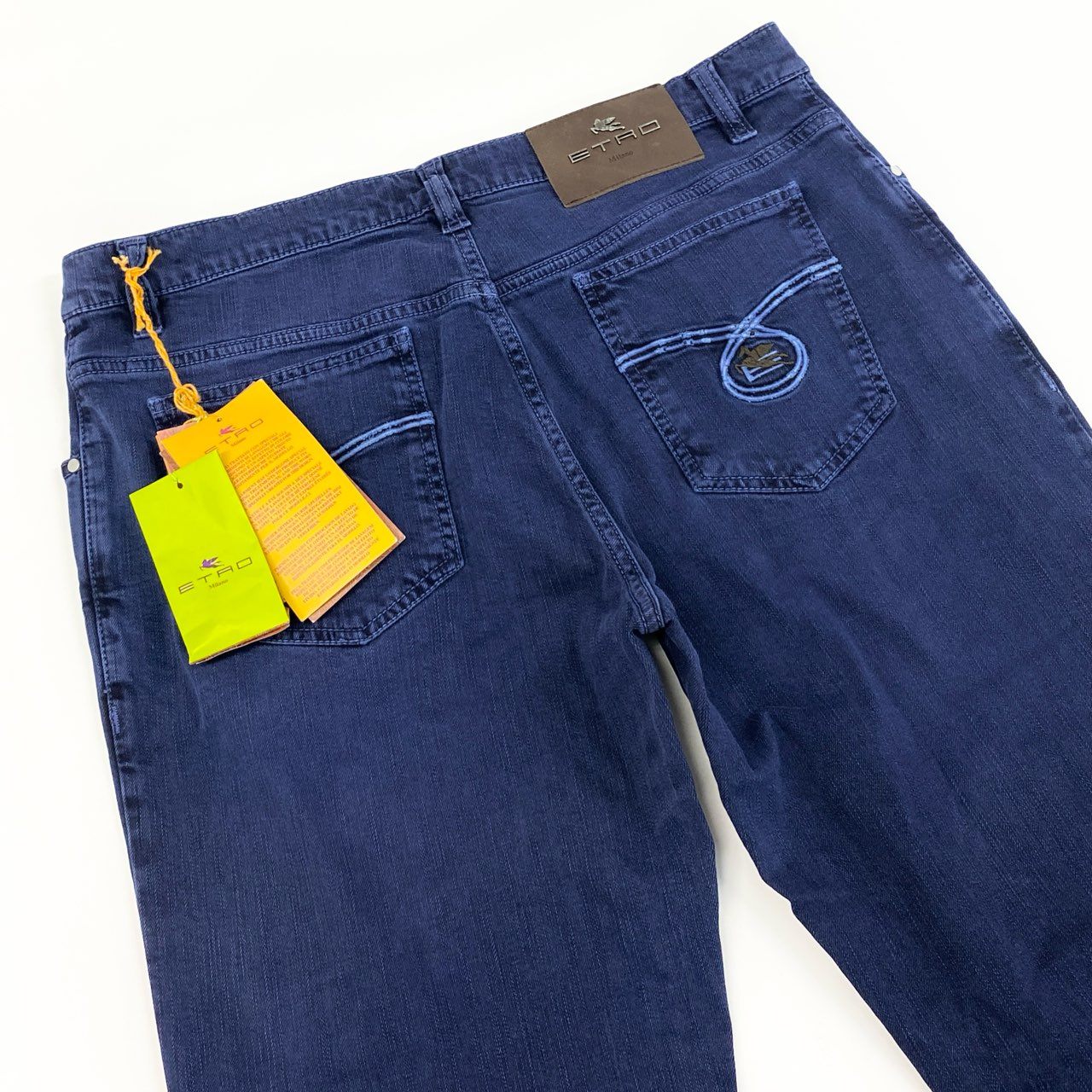 21f17 《未使用保管品》タグ付 ETRO エトロ イタリア製 デニムパンツ ジーンズ ボトムス 革パッチ ポケット刺繍 14776 34 ブルー コットン
