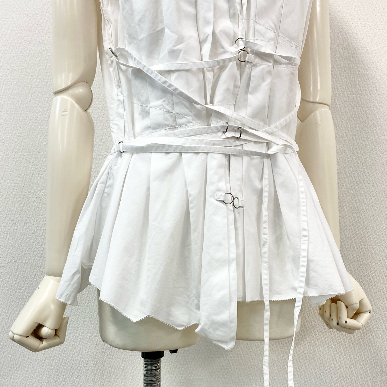 57h4 Jean Paul GAULTIER ジャンポールゴルチエ レースアップ ノースリーブブラウス シャツ ベスト レイヤード◎ チュニック丈 40 ホワイト コットン レディース