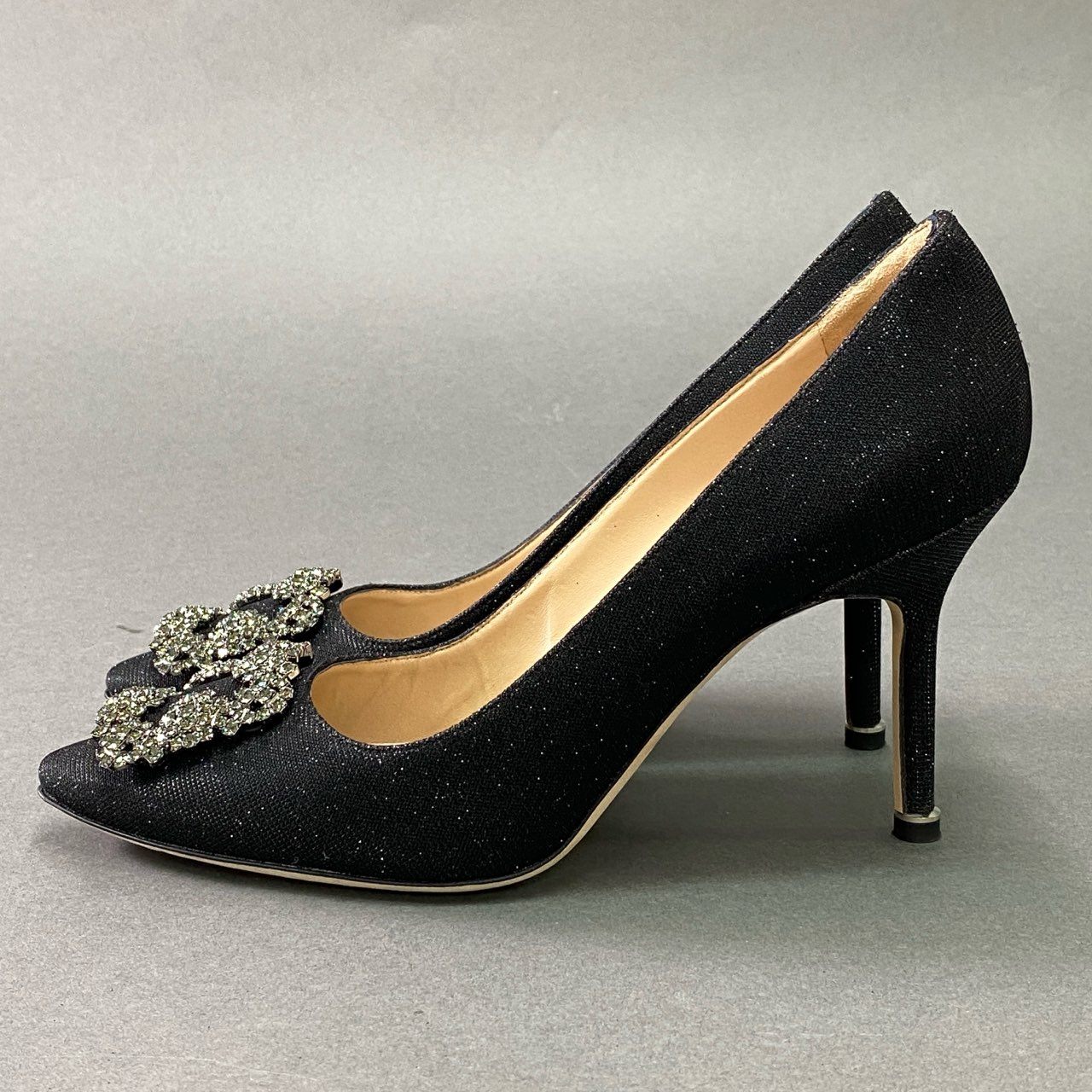 6d21 MANOLO BLAHNIK マノロブラニク HANGISI FMC ハンギシ ラインストーン グリッターラメパンプス 38 ブラック セレモニー パーティ 結婚式 シューズ 箱付き