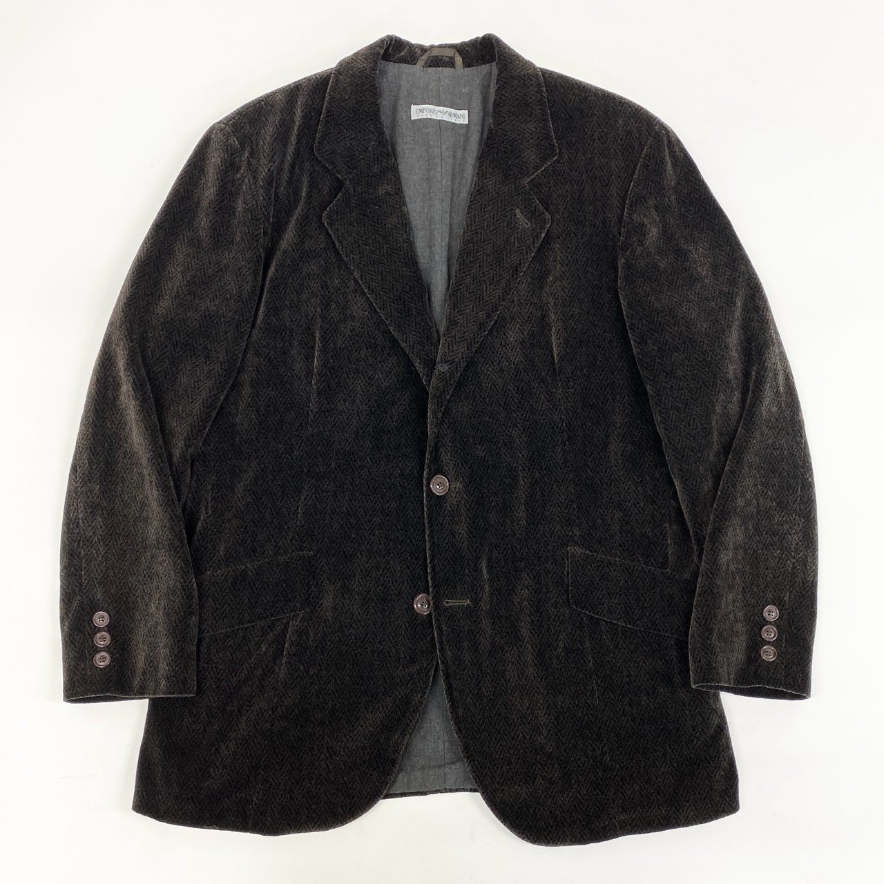 49i11 EMPORIO ARMANI エンポリオアルマーニ ベロアジャケット ヘリンボーン テーラードジャケット 90’s~00’s メンズ 男性用 1492246 48 ブラウン コットン100%u02t