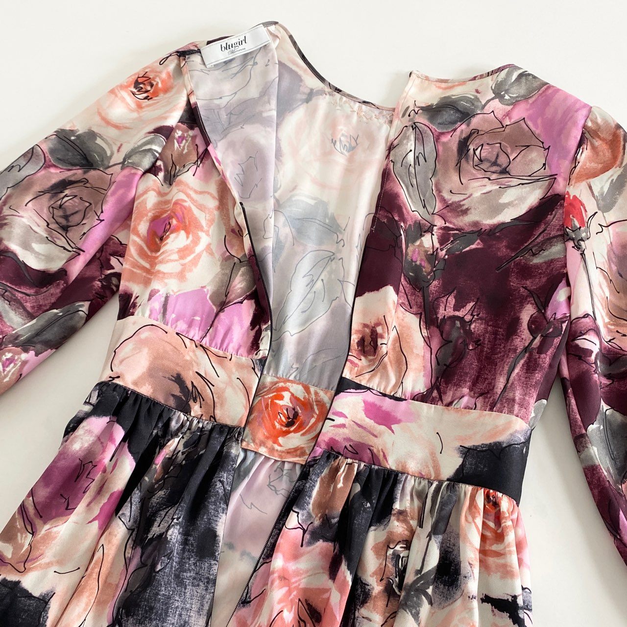 28h10 《美品》 blugirl ブルーガール ブルマリン 花柄ワンピース 膝丈ワンピース ビジュー装飾 サイズ38 マルチカラー ポリエステル100% レディース