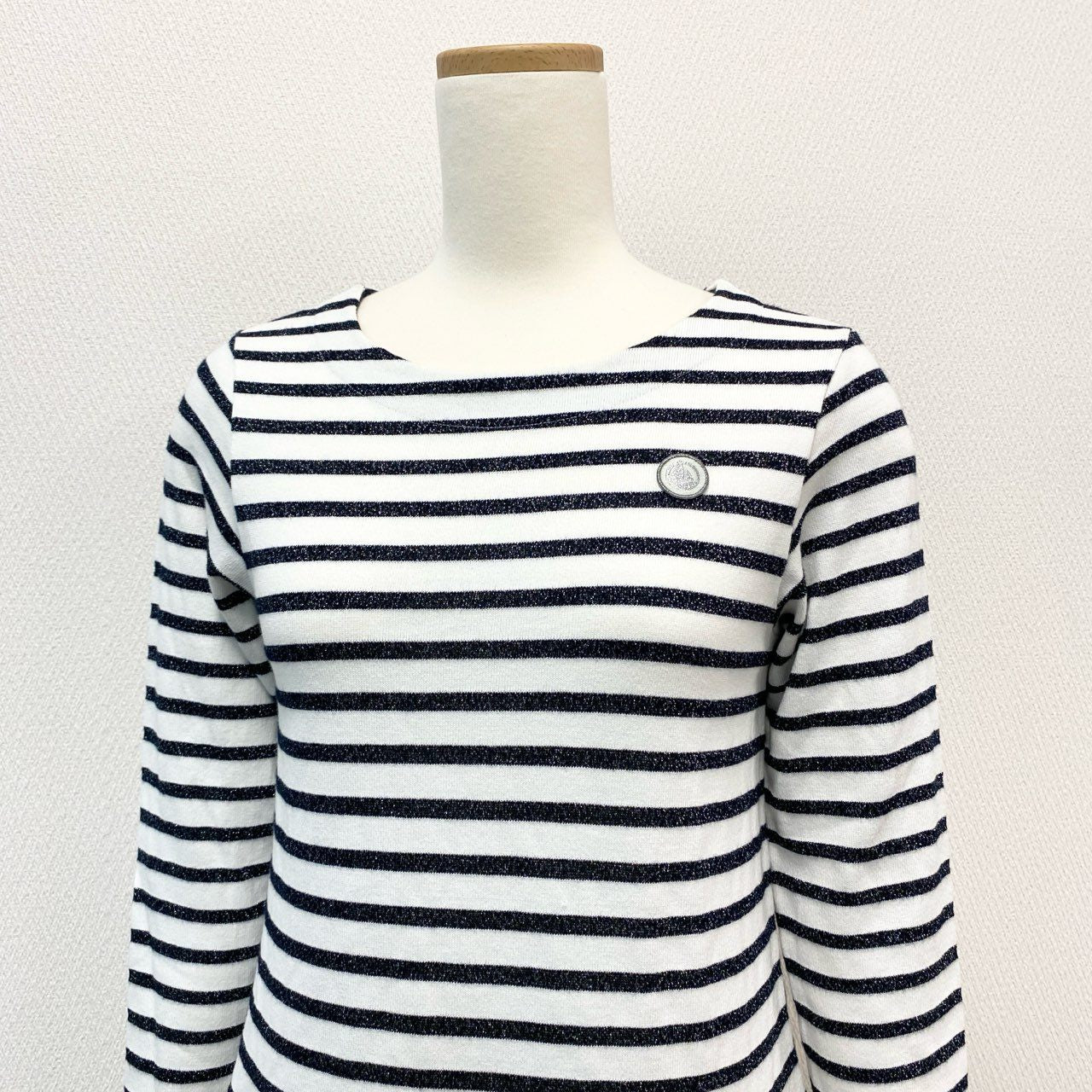 5i12 《未使用品》タグ付 PETIT BATEAU プチバトー ラメマリニエールチュール付 長袖ワンピース ボーダー柄 152 ホワイト ネイビー キッズ 子供服k02i