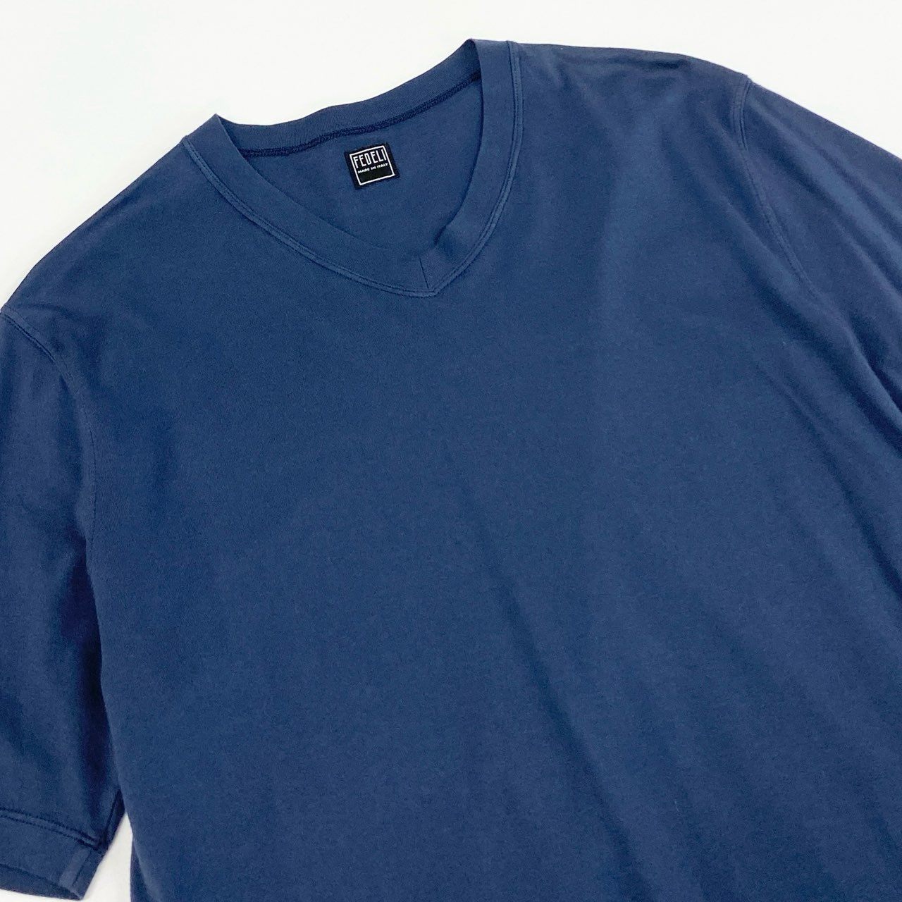2f6 【未使用】イタリア製 FEDELI フェデーリ マイクロゲージ 半袖ニットシャツ ニットTシャツ 浅めVネック サイズ46 ネイビー メンズ 男性用