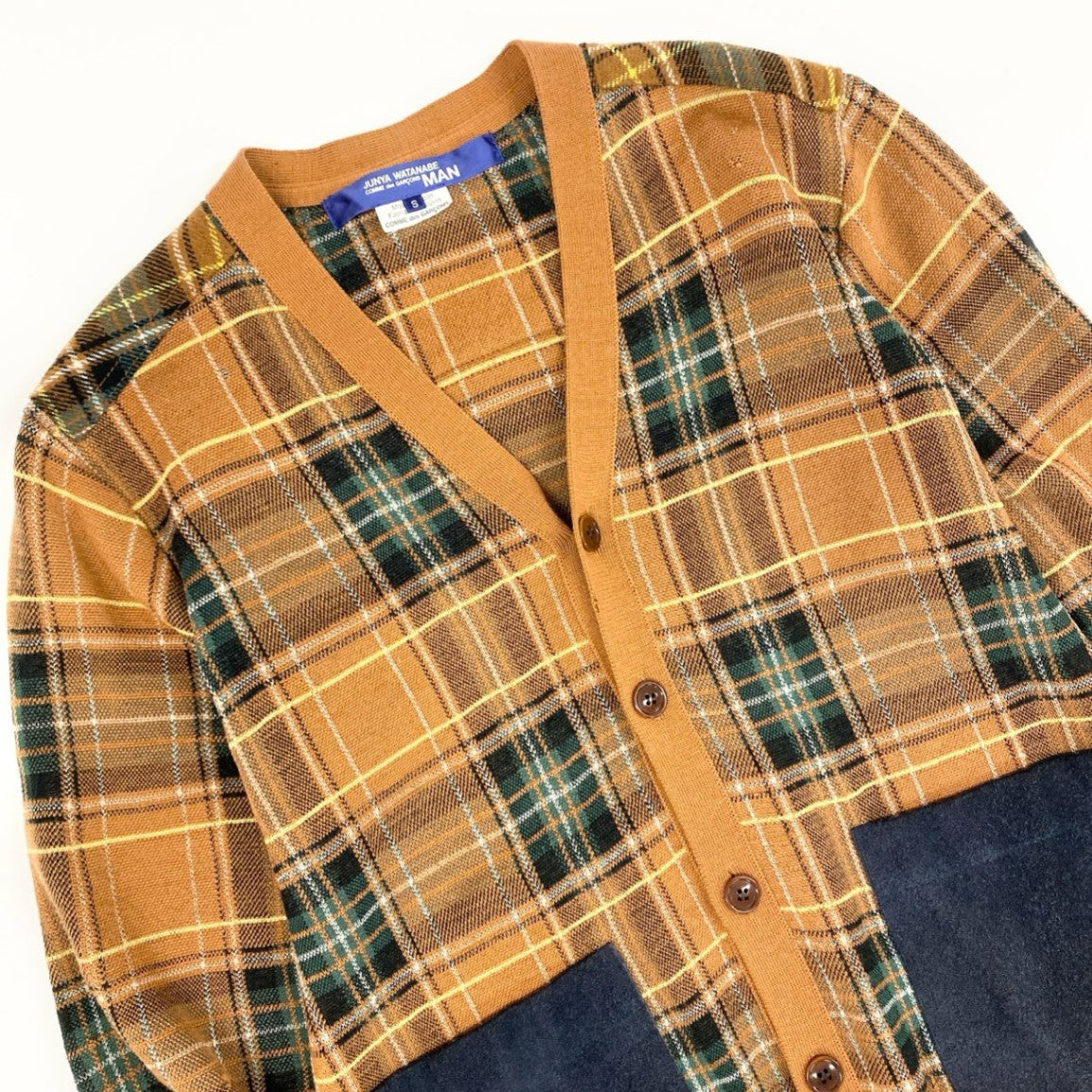 44h26 JUNYA WATANABE MAN COMME des GARCONS ジュンヤワタナベマン コムデギャルソン 多素材MIX ジャガード エルボーパッチ ニットカーディガン スエードポケット チェック柄 スエード Sサイズ マルチカラー メンズo07t
