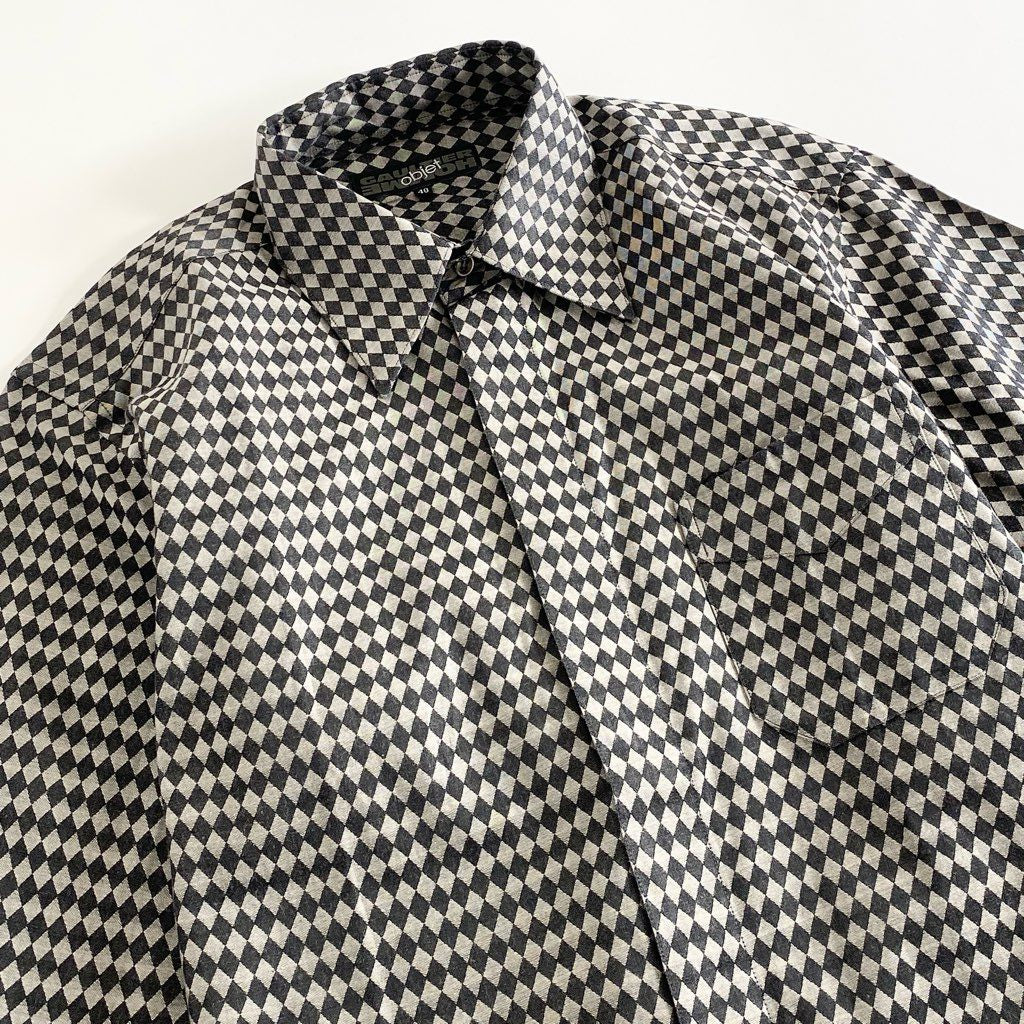 52f20 GAULTIER HOMME objet ジャンポールゴルチエ 長袖シャツ トップス ダイヤ柄 サイズ48 ブラック×グレー コットン100% メンズ