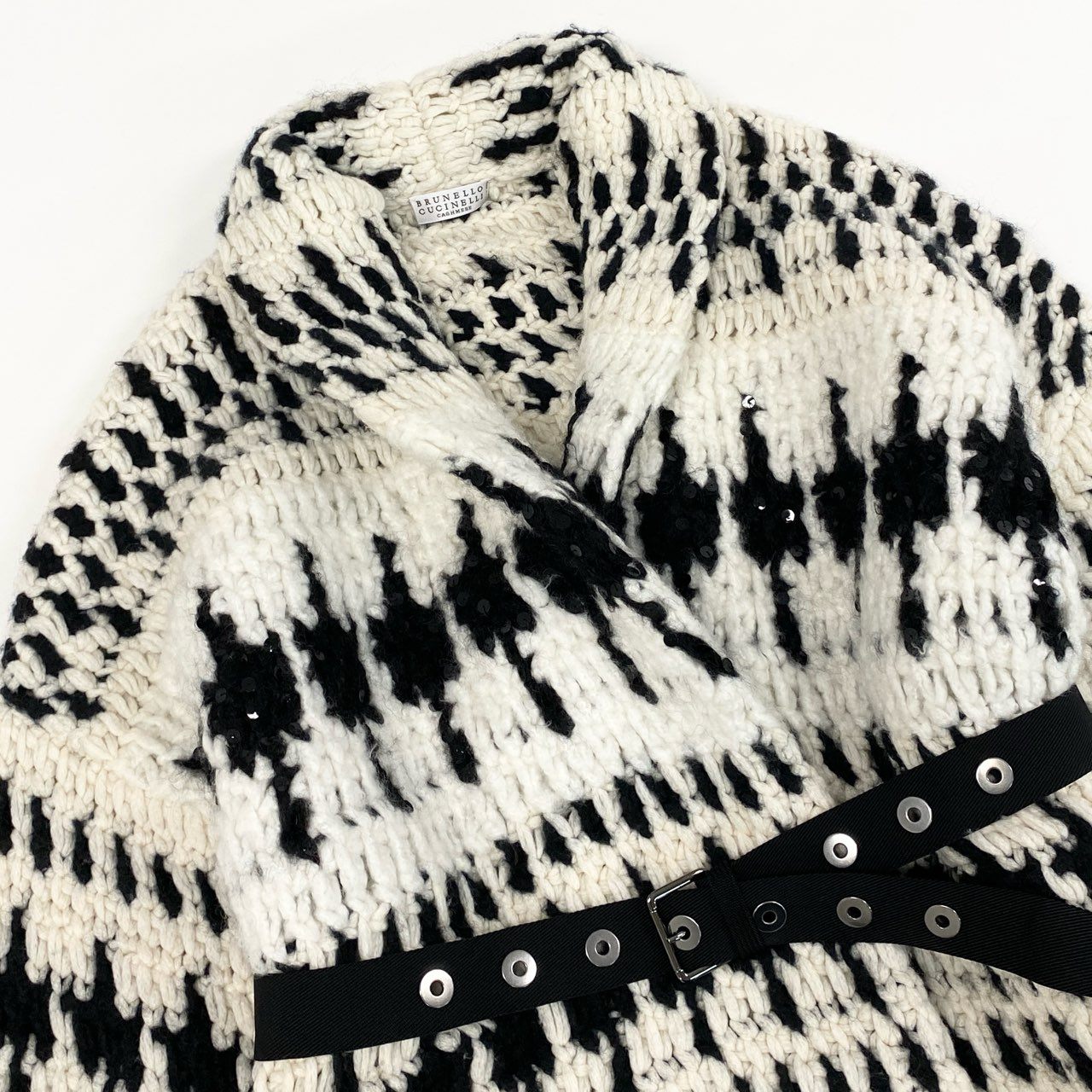 48c14 定価¥1,165,945 BRUNELLO CUCINELLI ブルネロクチネリ カシミヤ92% ジャガードニット カーディガン XS オフホワイト スパンコール付 イタリア製 ブラッシュド加工