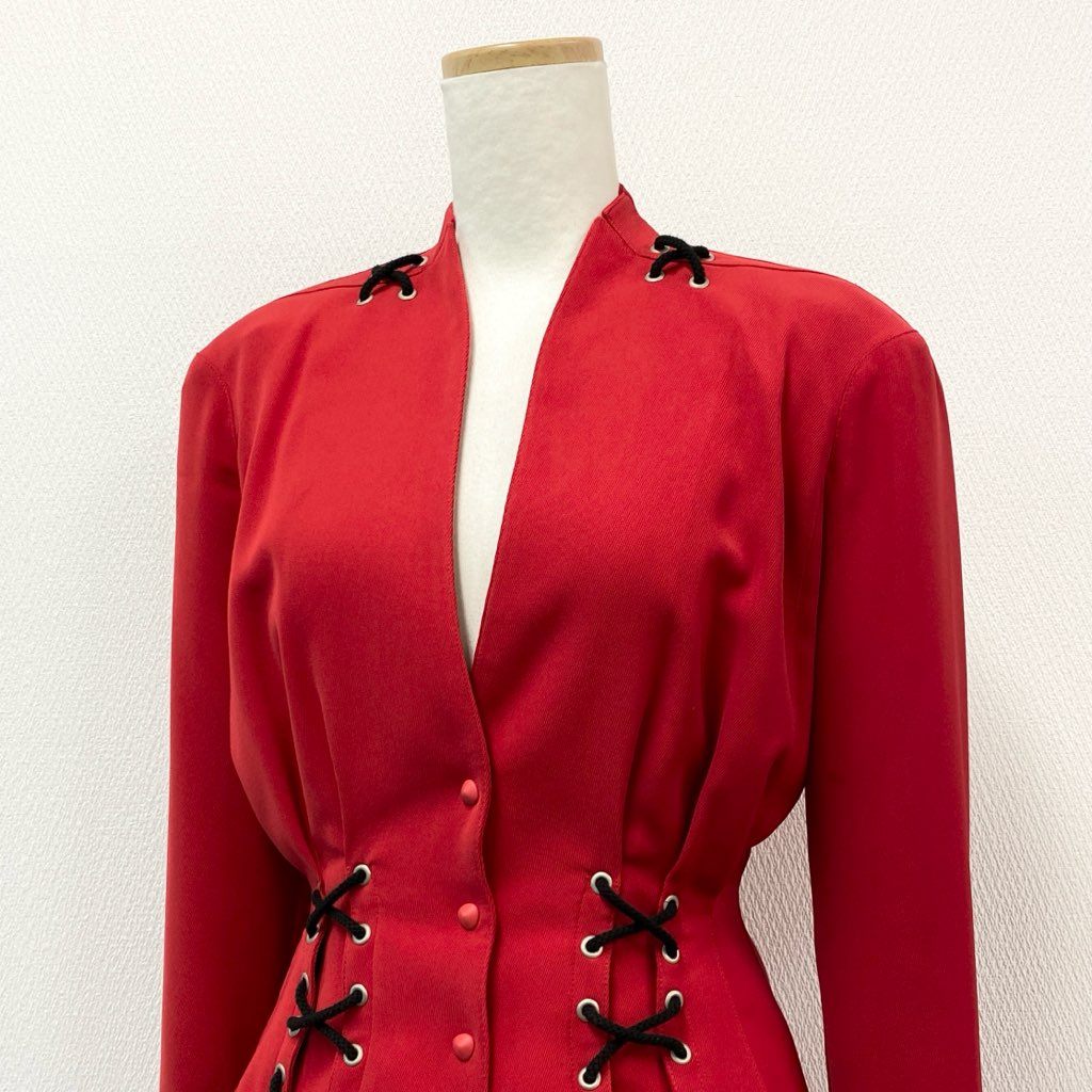 63d8-7 Thierry mugler ティエリー ミューグレー ジャケット/スカート スーツ セットアップ レースアップ 変形デザイン サイズ7AR/60-88 レッド ポリエステル100% レディース 日本製