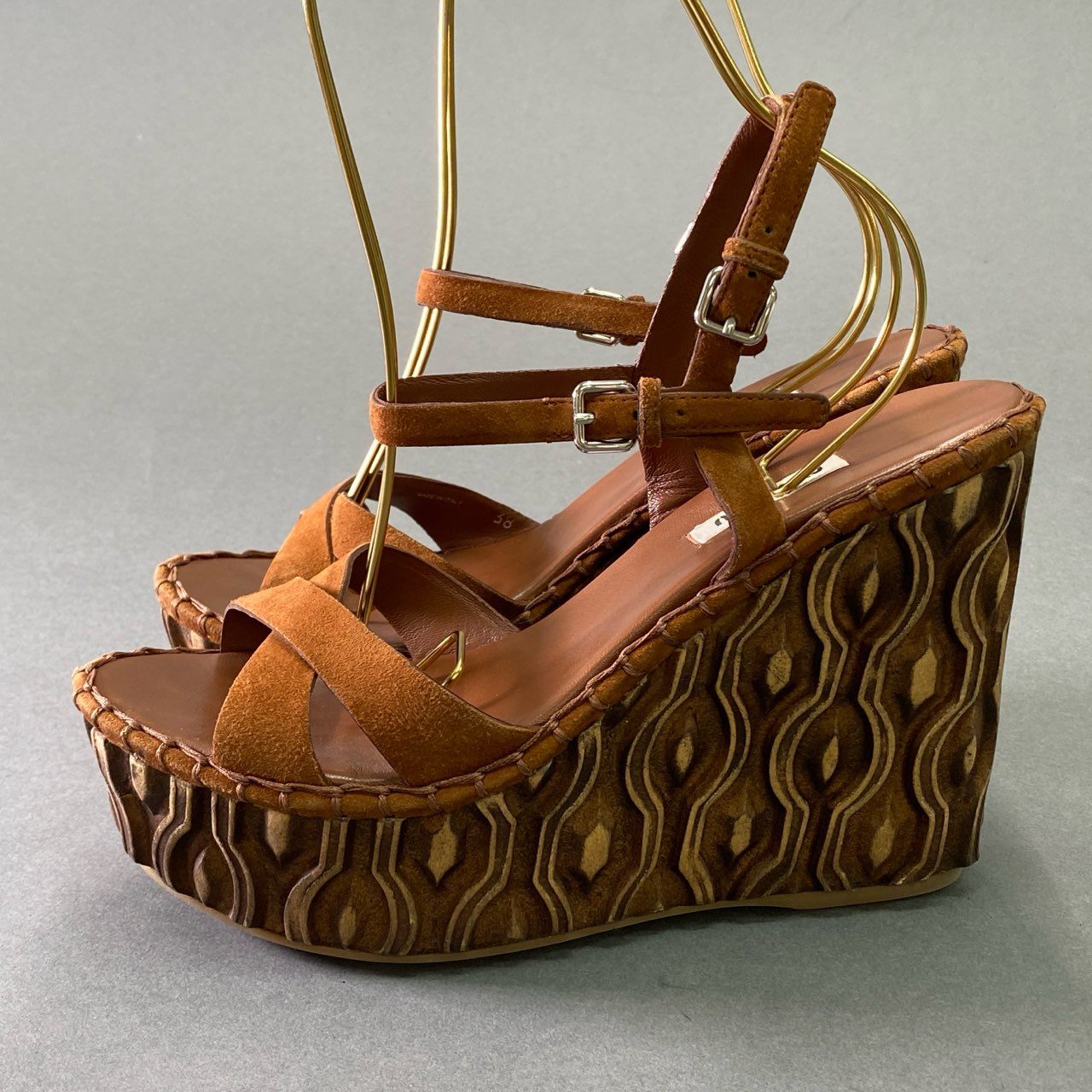 3d16 MIU MIU ミュウミュウ ウェッジソール スウェードレザーサンダル 38 ブラウン leather シューズ イタリア製 夏 箱付き