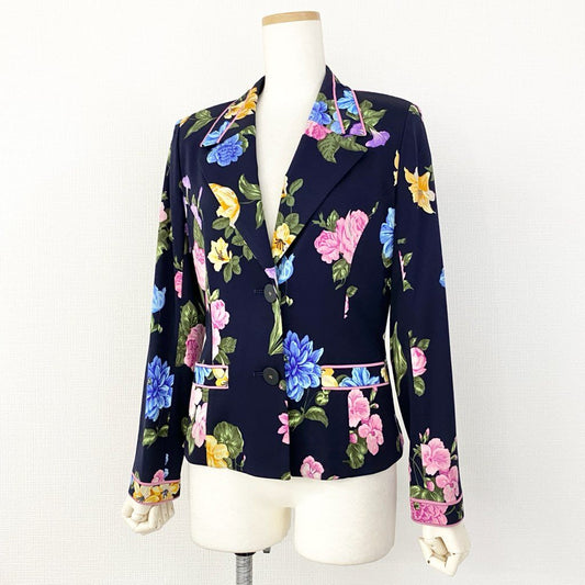 59e20【美品】LEONARD レオナール カンカン素材 花柄 テーラードジャケット ブレザー サイズL マルチカラー レディース 日本製 春