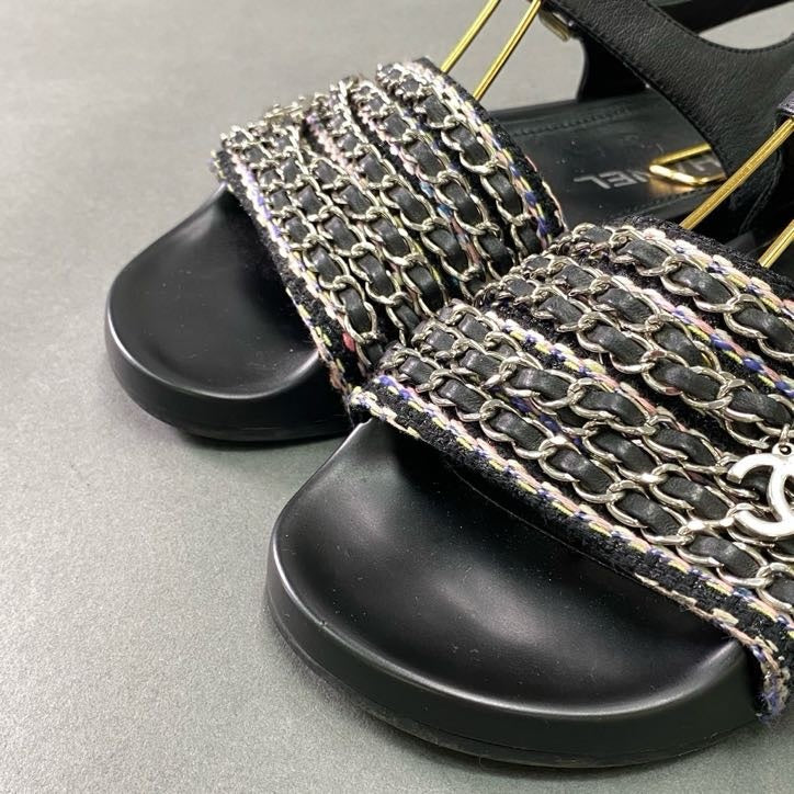 4f4 CHANEL シャネル ココマークチャーム付き 6連チェーン サンダル G31764 35 ブラック ツイード シューズ 夏
