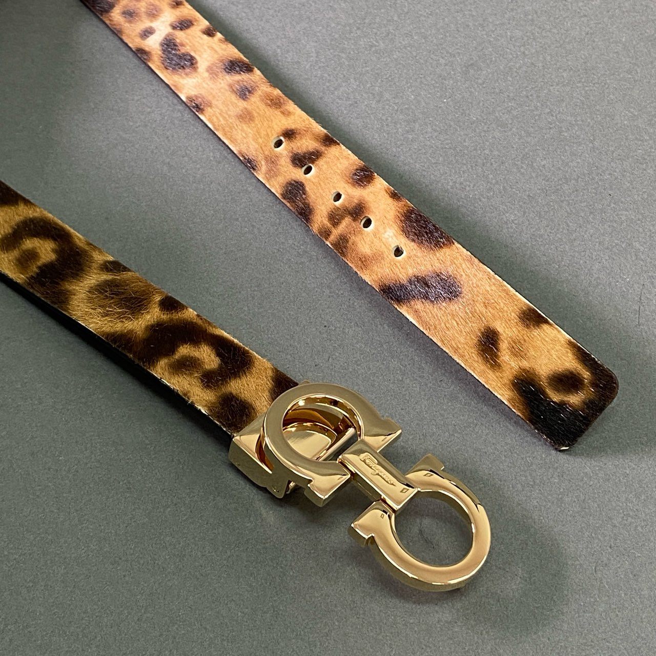 a17 Salvatore Ferragamo サルヴァトーレ フェラガモ ガンチーニ ハラコ レオパード レザーベルト ブラウン Leather イタリア製 ゴールド金具