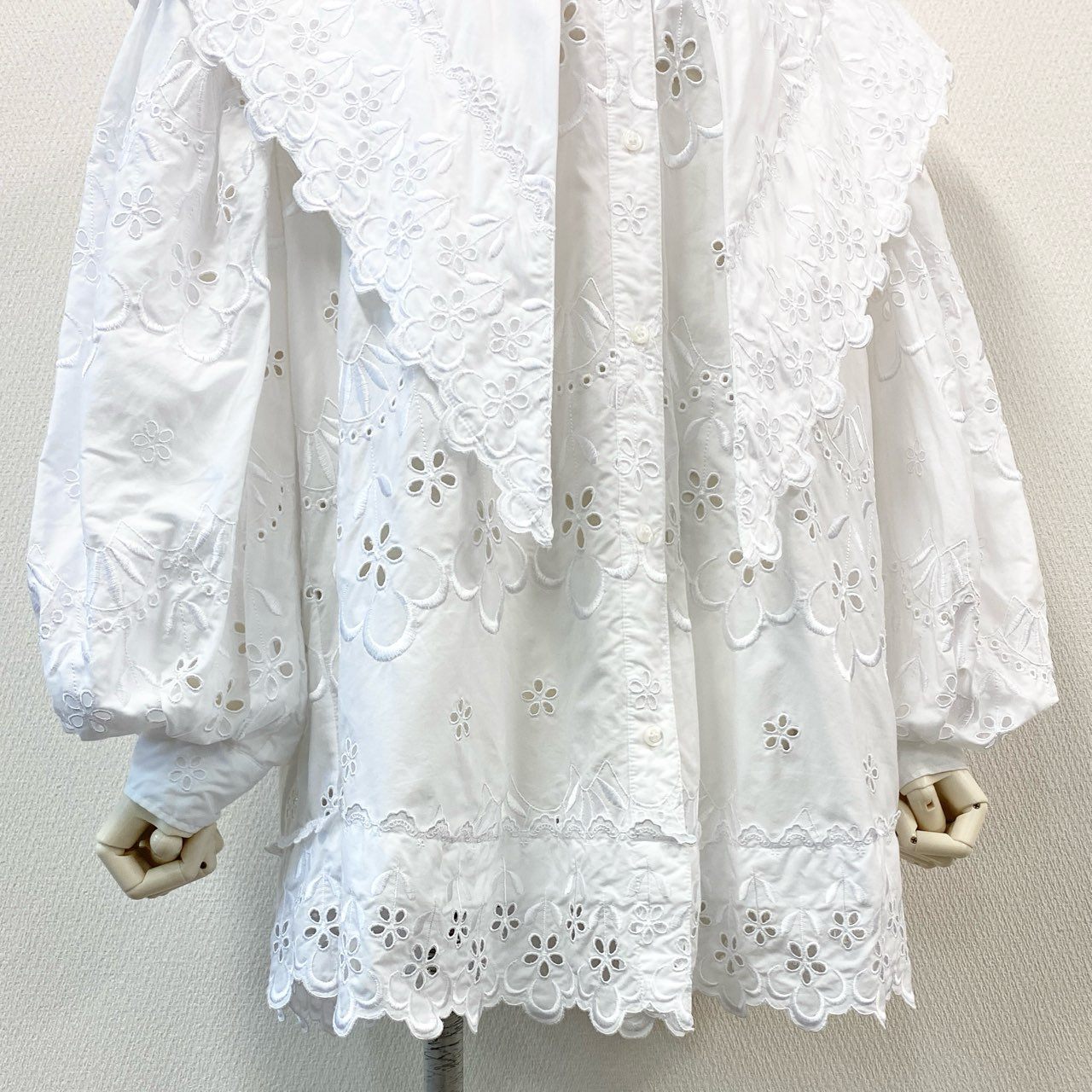 56f5 SIMONE ROCHA シモーネロシャ レース刺繍 長袖 セーラーブラウス シャツ チュニック ソングスリーブ トップス UK4 ホワイト コットン