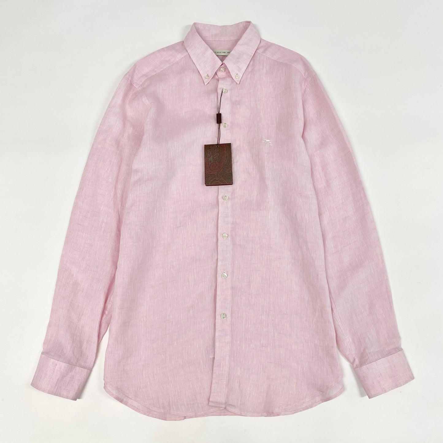 30h29 《極美品》ETRO エトロ 長袖シャツ リネンシャツ ロングスリーブ ボタンダウン 胸元ロゴ刺繍 42サイズ ピンク メンズ 男性用u02t