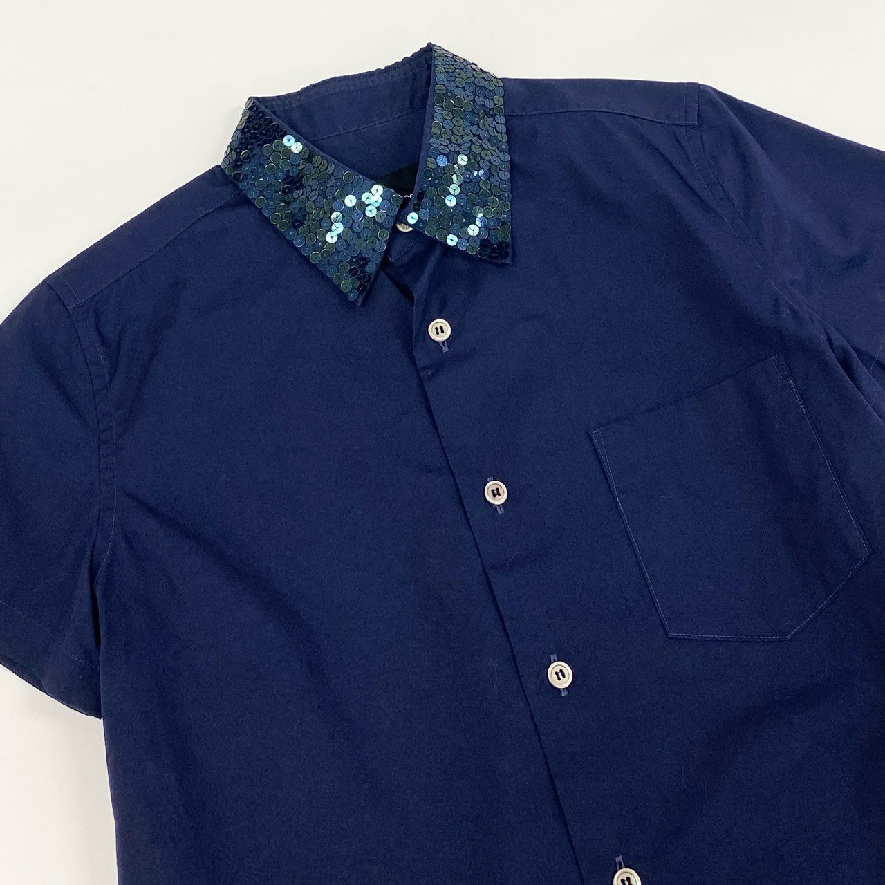 10F11 COMME des GARCONS tricot トリコ コムデギャルソン AD2001 襟スパンコールデザイン 半袖シャツ サイズM ネイビー レディース デザイナーズ