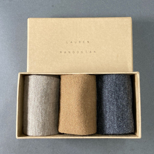 8f12 【未使用保管品】 定価¥31,900 LAUREN MANOOGIAN ローレンマヌーギアン TALL SOCK 3P SET トールソックス OS グレー ベージュ ブラウン ペルーニット 靴下