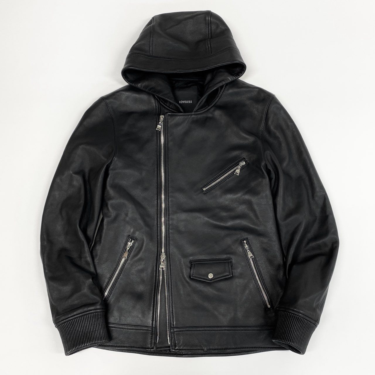 83i29 LOVELESS ラブレス ライダースジャケット レザージャケット フーデッドジャケット ラムレザー 61F53-202-09 Mサイズ ブラック メンズo07t