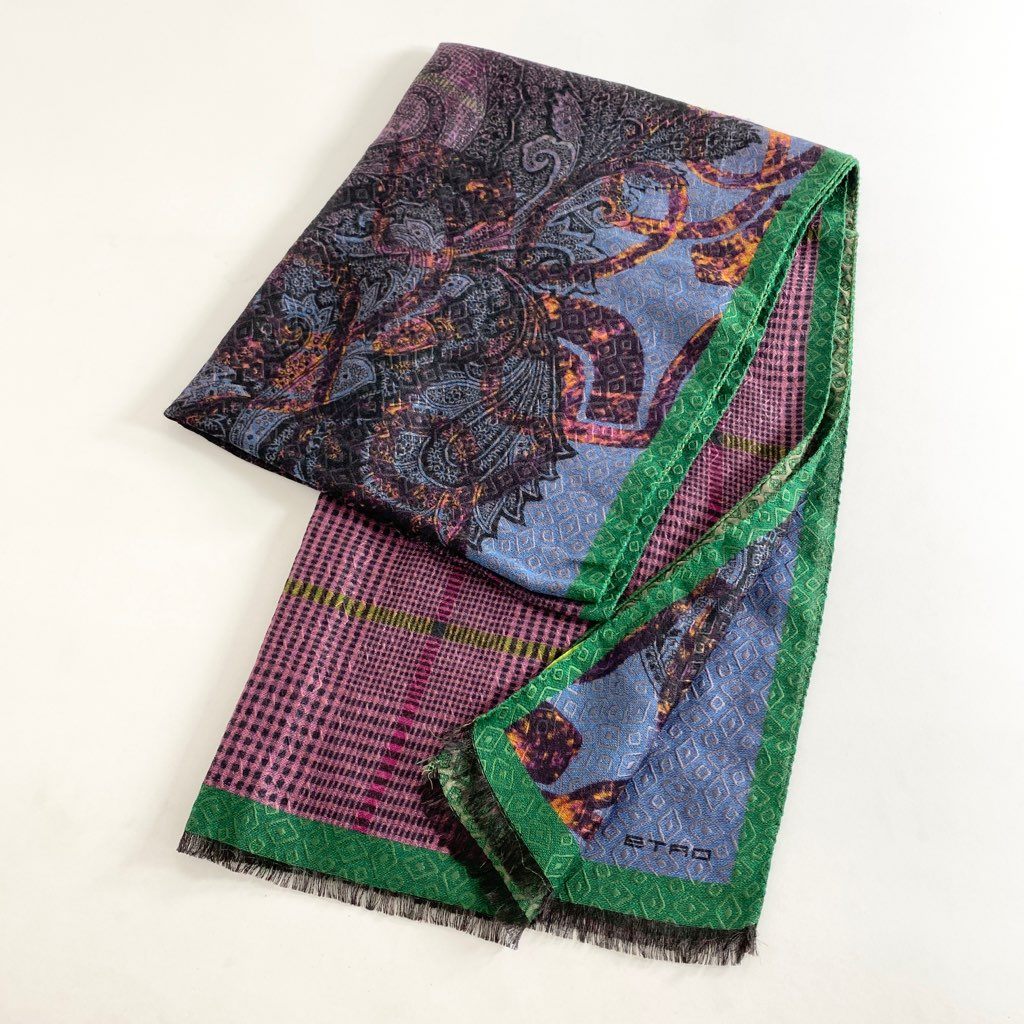 40h8-4 《美品》 ETRO エトロ イタリア製 シルク混 大判ストール マフラー 総柄 マルチカラー ユニセックス