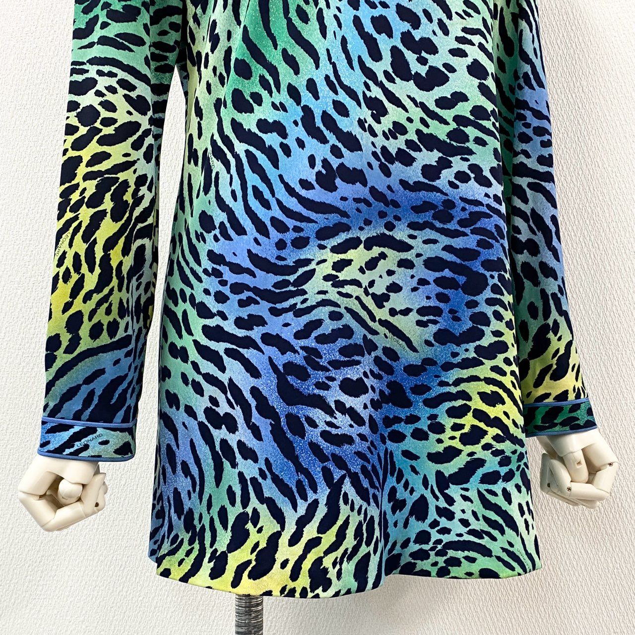 13f7 LEONARD FASHION レオナール カンカン素材 レオパード柄 長袖チュニック トップス ワンピース ドレス ロングスリーブ 日本製 Lサイズ グリーン ブルー トリアセテート ポリエステル