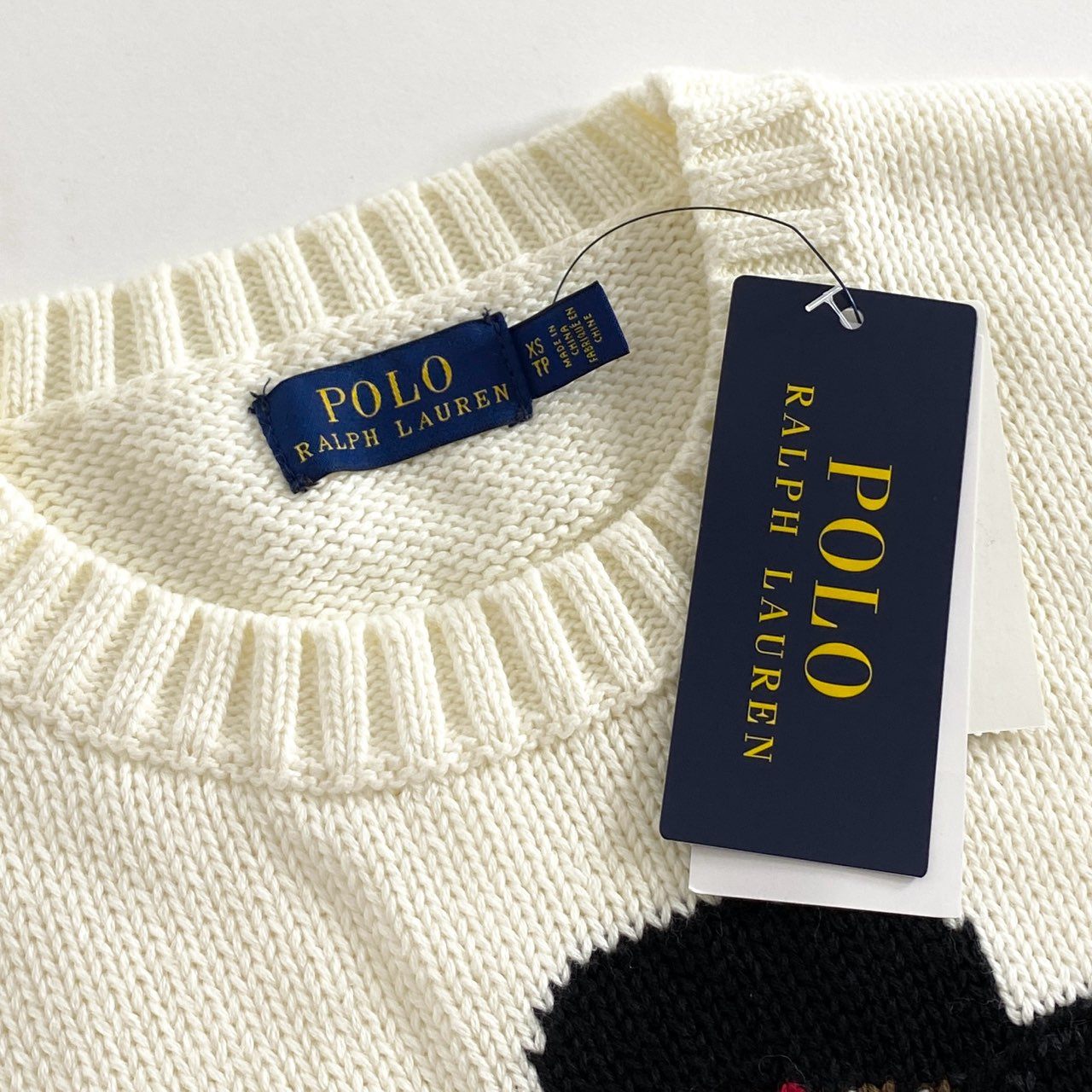 35g28 《極美品》 タグ付 POLO RALPH LAUREN ポロラルフローレン ポロベア クルーネック ニット セーター トップス フリンジ XS ホワイト クリーム系 コットン