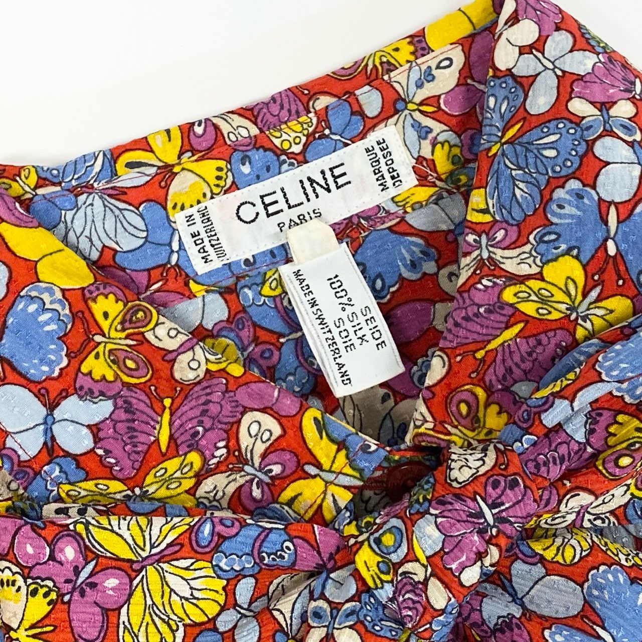 Ed7 【フランス製】CELINE ヴィンテージ セリーヌ バタフライ柄 シルクシャツ シルクブラウス サイズ40 レディースk02i