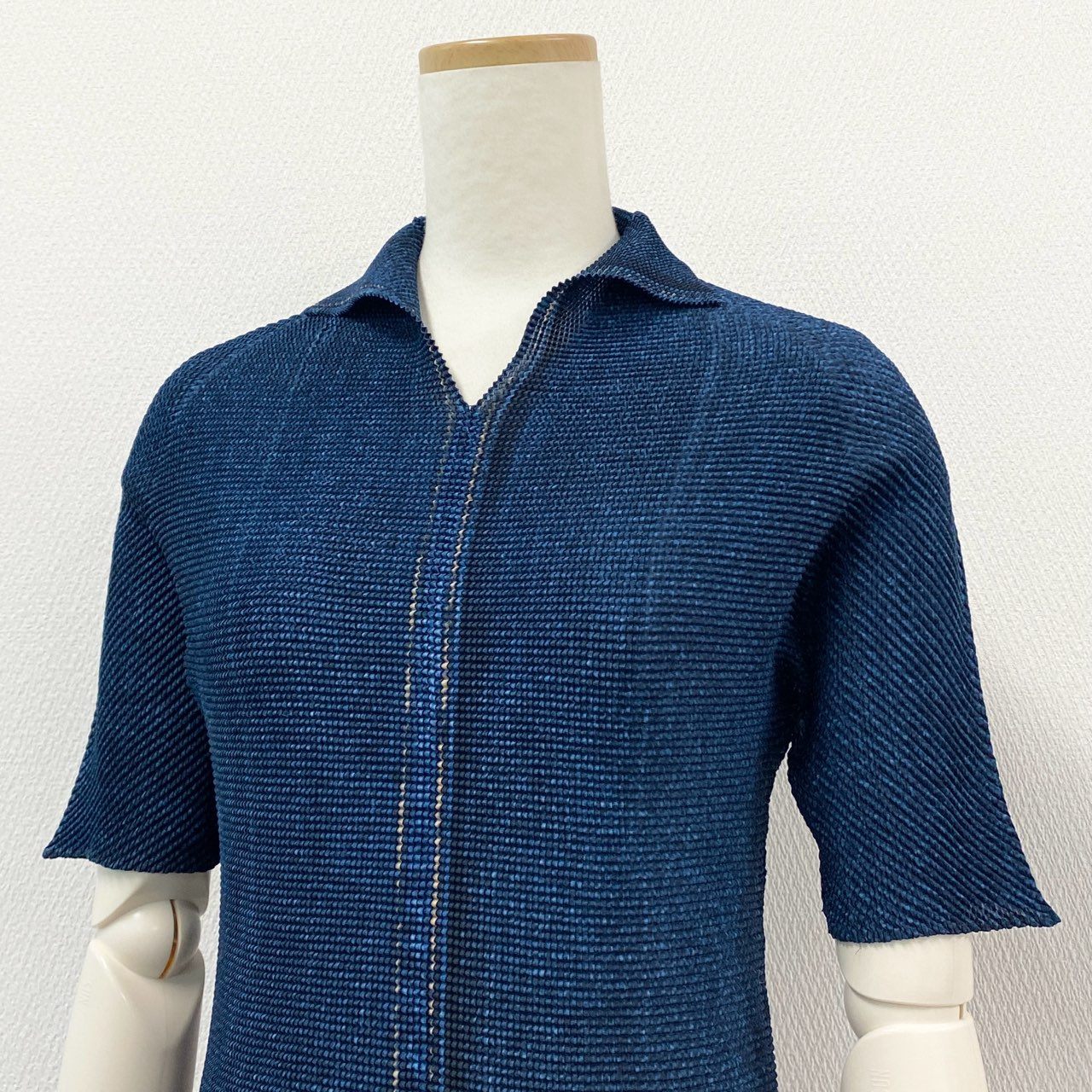 48h14 ISSEY MIYAKE イッセイミヤケ デニム転写 プリーツ加工 Tシャツ カットソー トップス PP16-FJ221 サイズ3 インディゴブルー ポリエステル プリーツプリーズ ヴィンテージu02t