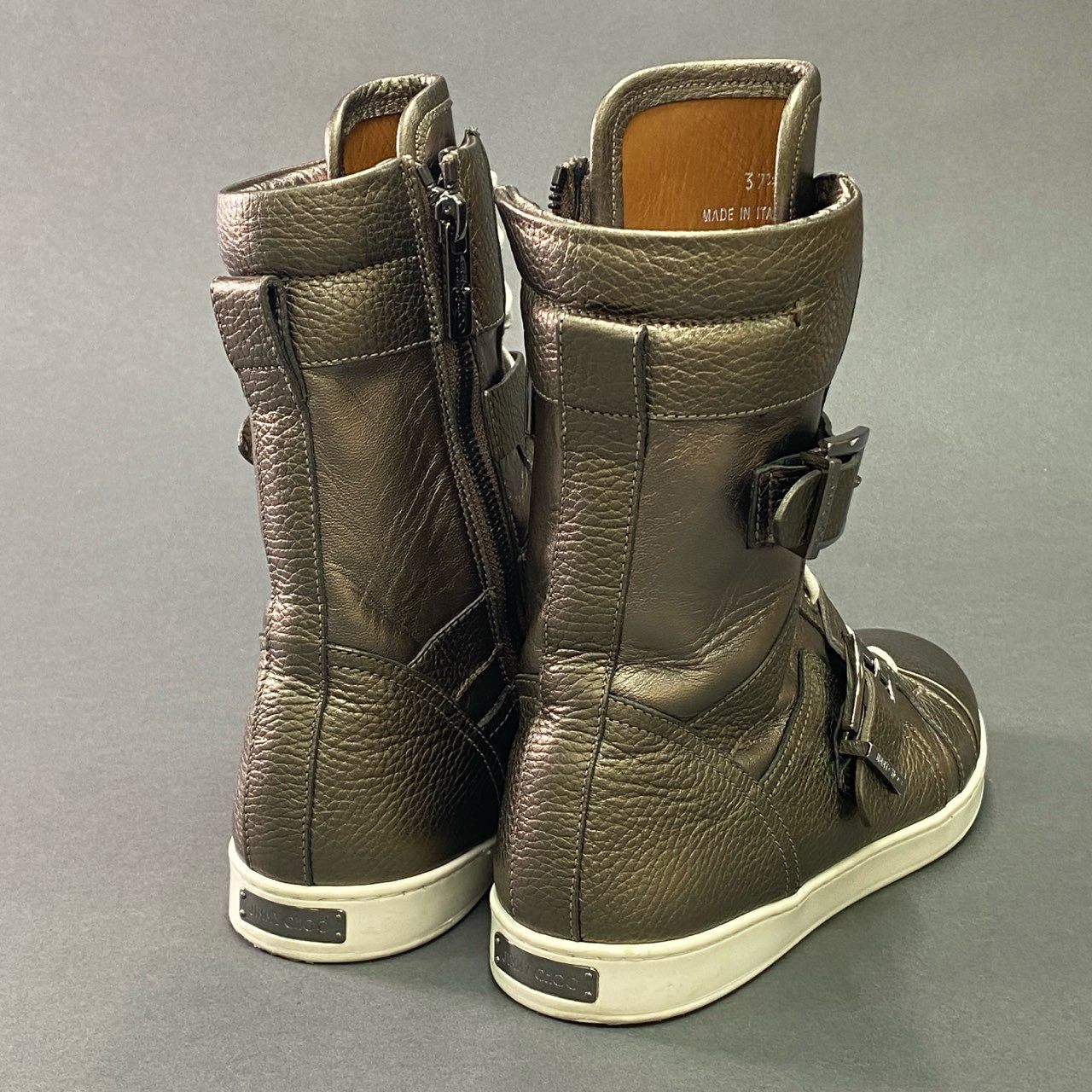 7c11 JIMMY CHOO ジミーチュウ ハイカット ベルトスニーカー 37 1/2 ゴールド レザー サイドジップ メタリック イタリア製 シューズ