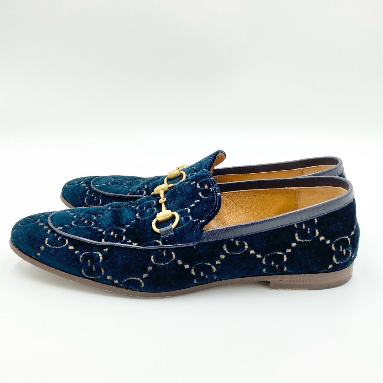 1i4 GUCCI グッチ GGベルベット ホースビット ローファー ドレスシューズ 430088 サイズ8.5 ネイビー メンズ 紳士靴k02i