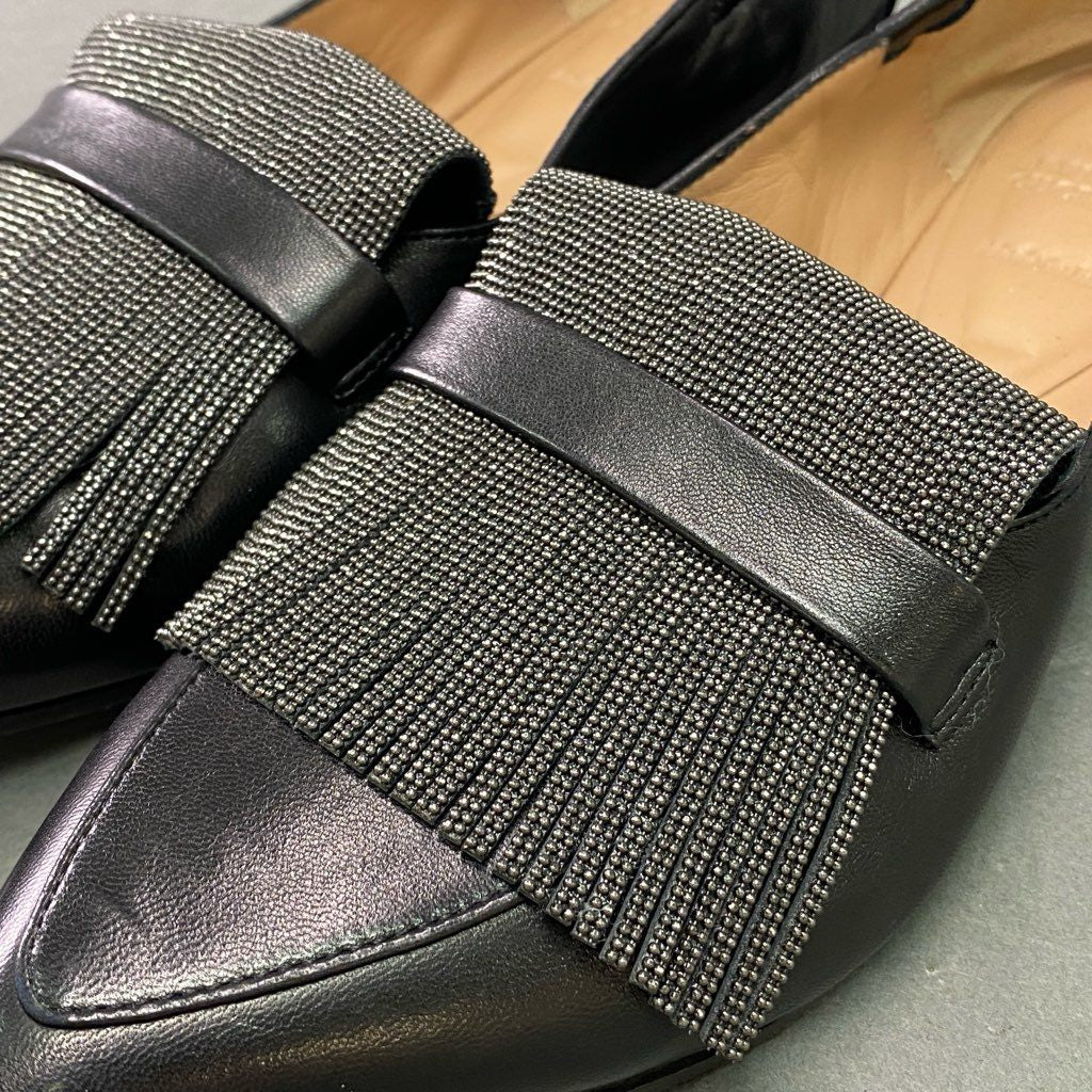 2e10 BRUNELLO CUCINELLI ブルネロクチネリ ラメフリンジ ローファー 37 1/2 ブラック レザー 革靴 フラットシューズ イタリア製