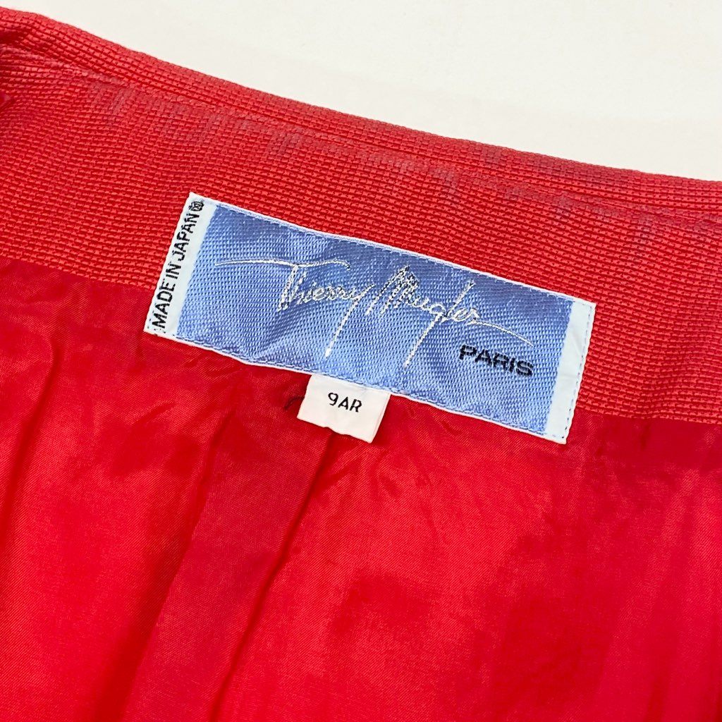 63d8-11 Thierry mugler ティエリー ミューグレー テーラードジャケット 変形ジャケット ダブル ドローストリング サイズ9AR レッド コットン100% レディース 日本製