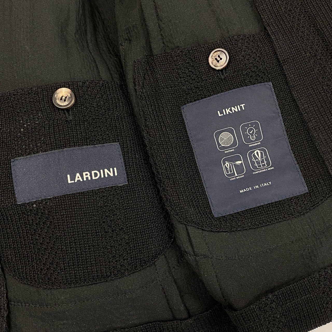 45e9 【イタリア製】LARDINI ラルディーニ LIKNIT ブートニエール ジャガード織模様 ニットジャケット テーラードジャケット サイズ44REG ブラック メンズ ブレザー ドレス