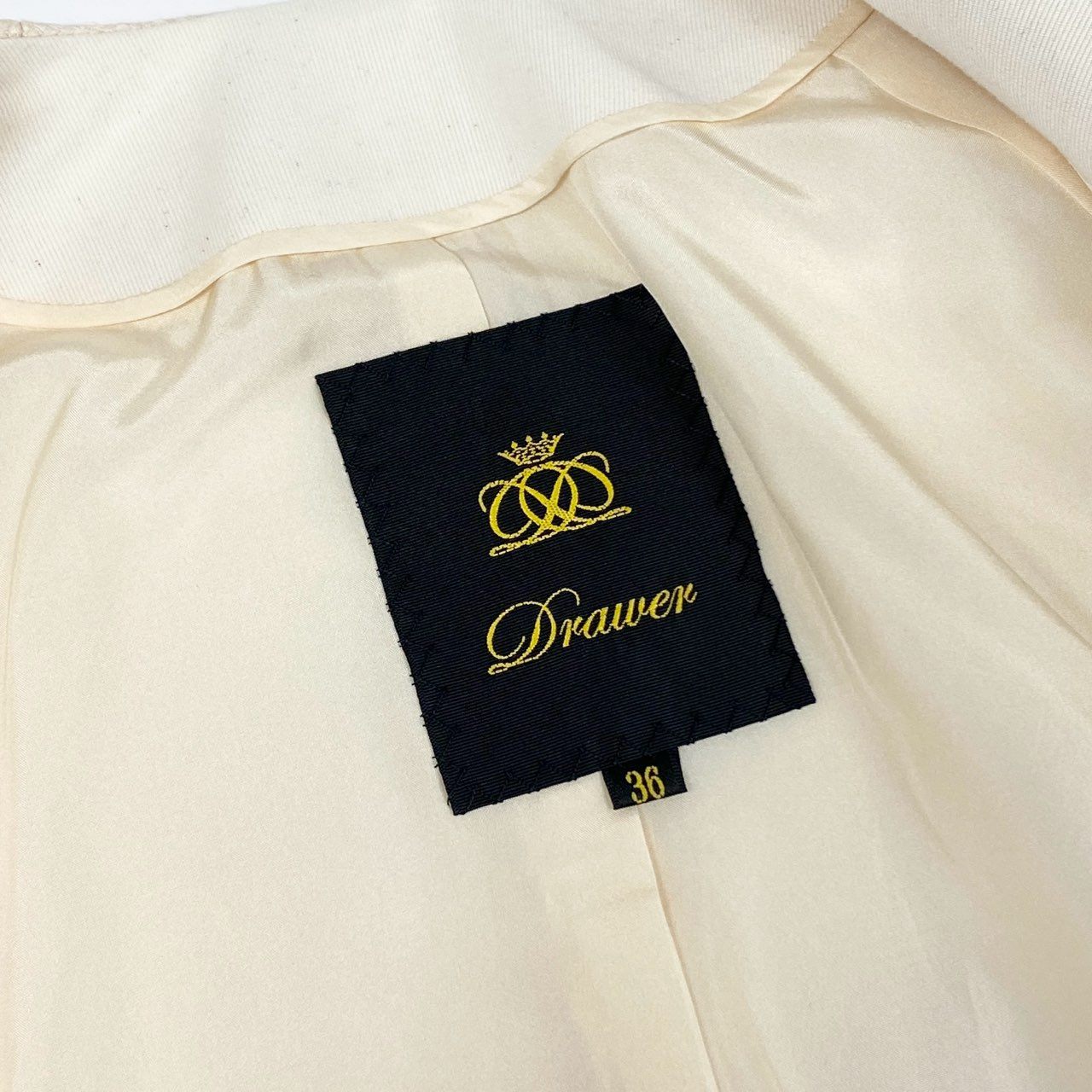 19k29 《美品》 Drawer ドゥロワー ラウンドスリーブ ノーカラージャケット リネンジャケット バスケット織 七分袖 6522-299-0639 36 ピンクベージュ系