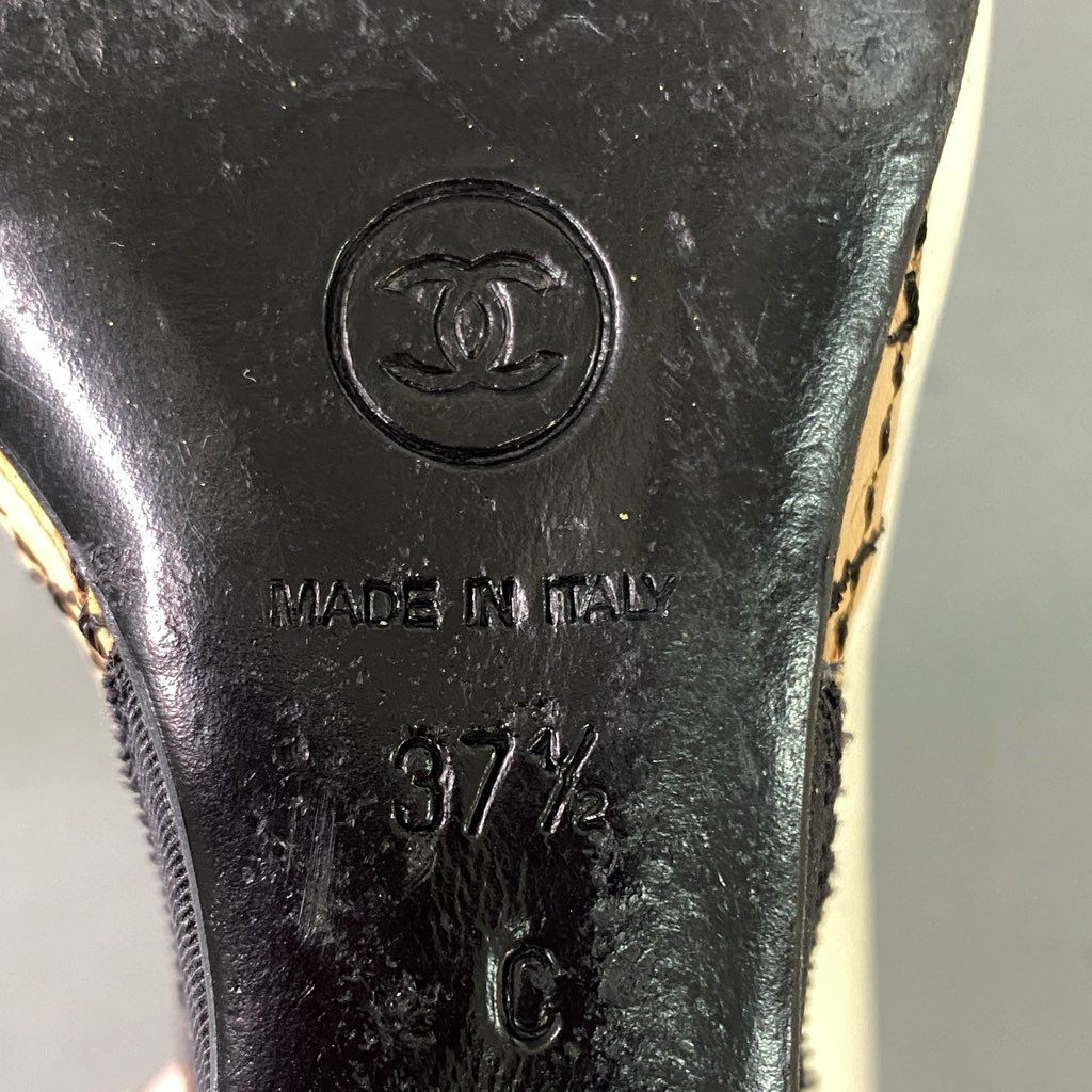 4e10 CHANEL シャネル カメリア ココマーク コルクウェッジソール パンプス ハイヒール オープントゥ レザーシューズ サイズ37 1/2 アイボリー レザー レディース イタリア製
