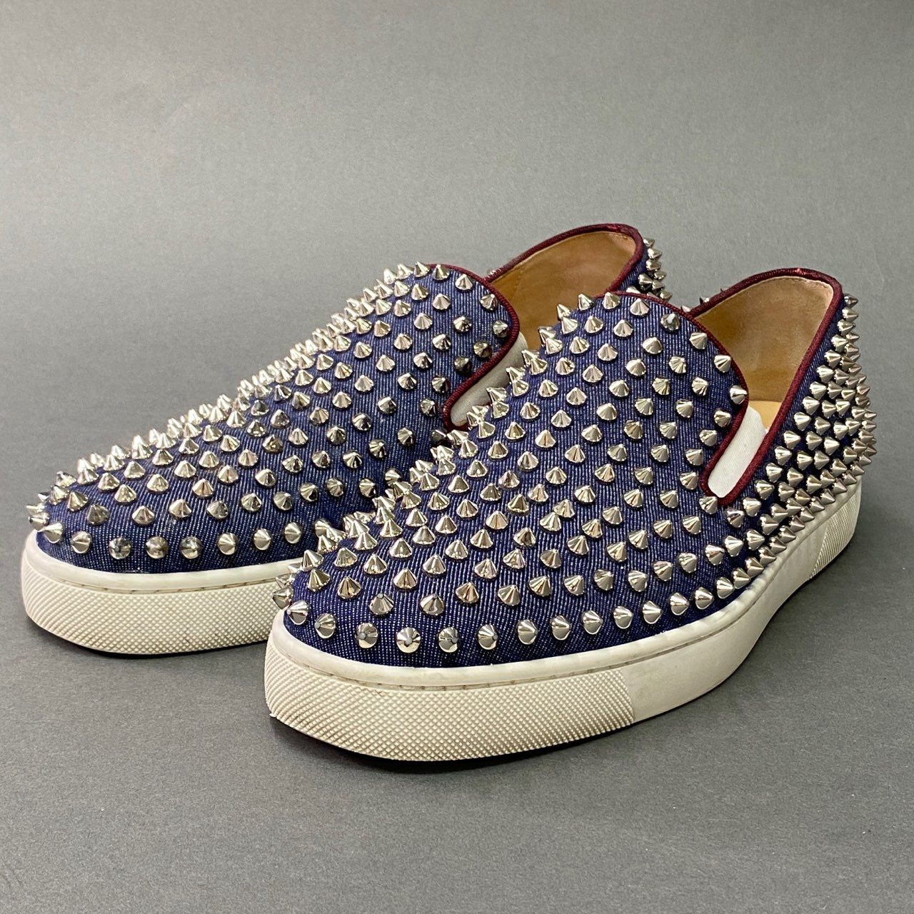 7l20 Christian Louboutin クリスチャンルブタン ローラーボート スパイク スリッポン スニーカー 41 1/2 ネイビー レザー イタリア製 シューズ ロックスタッズ