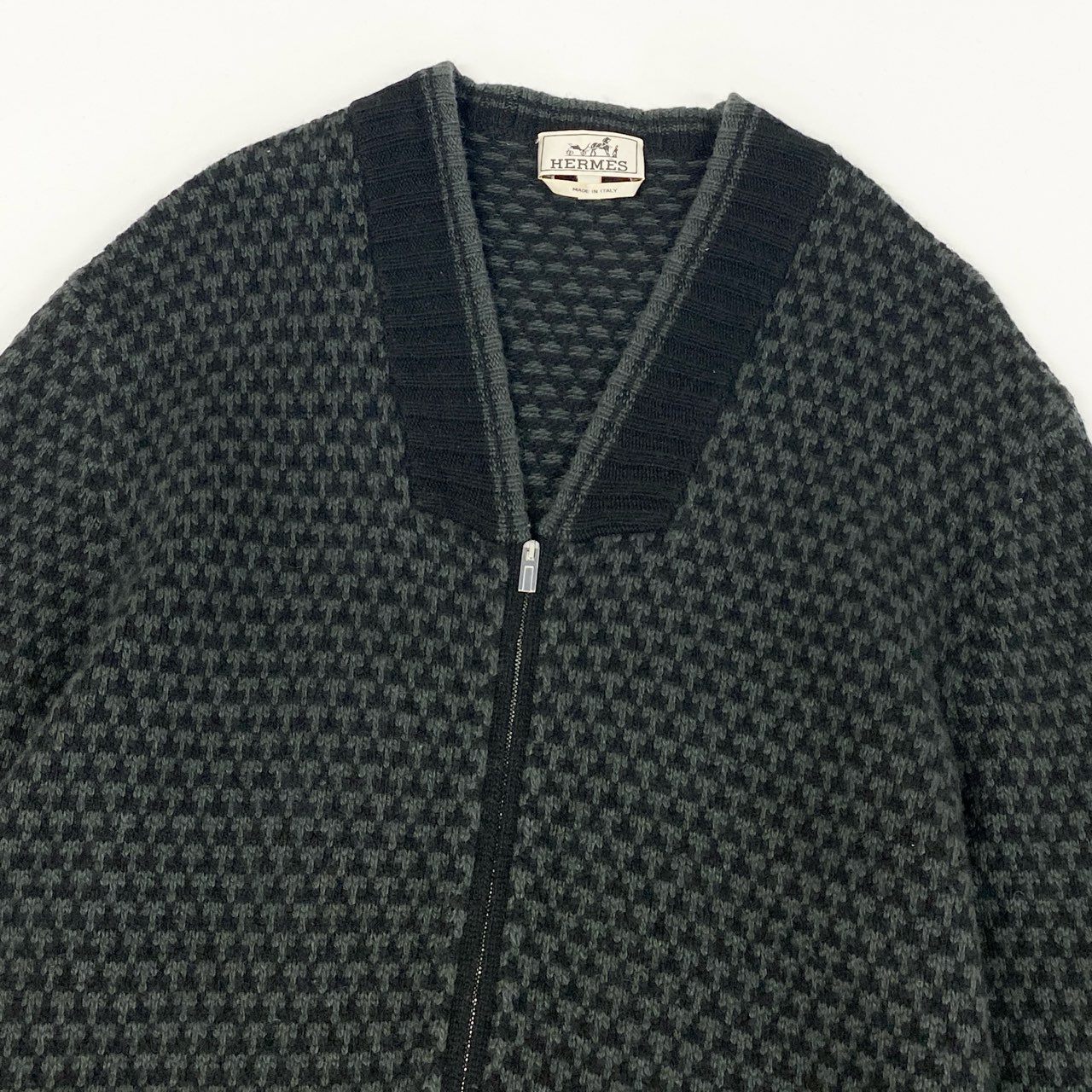 75i8 HERMES エルメス イタリア製 総カシミヤ ジップアップブルゾン ジャケット カシミアニット 千鳥柄 Lサイズ ブラック グリーン カシミヤ100 メンズu02t