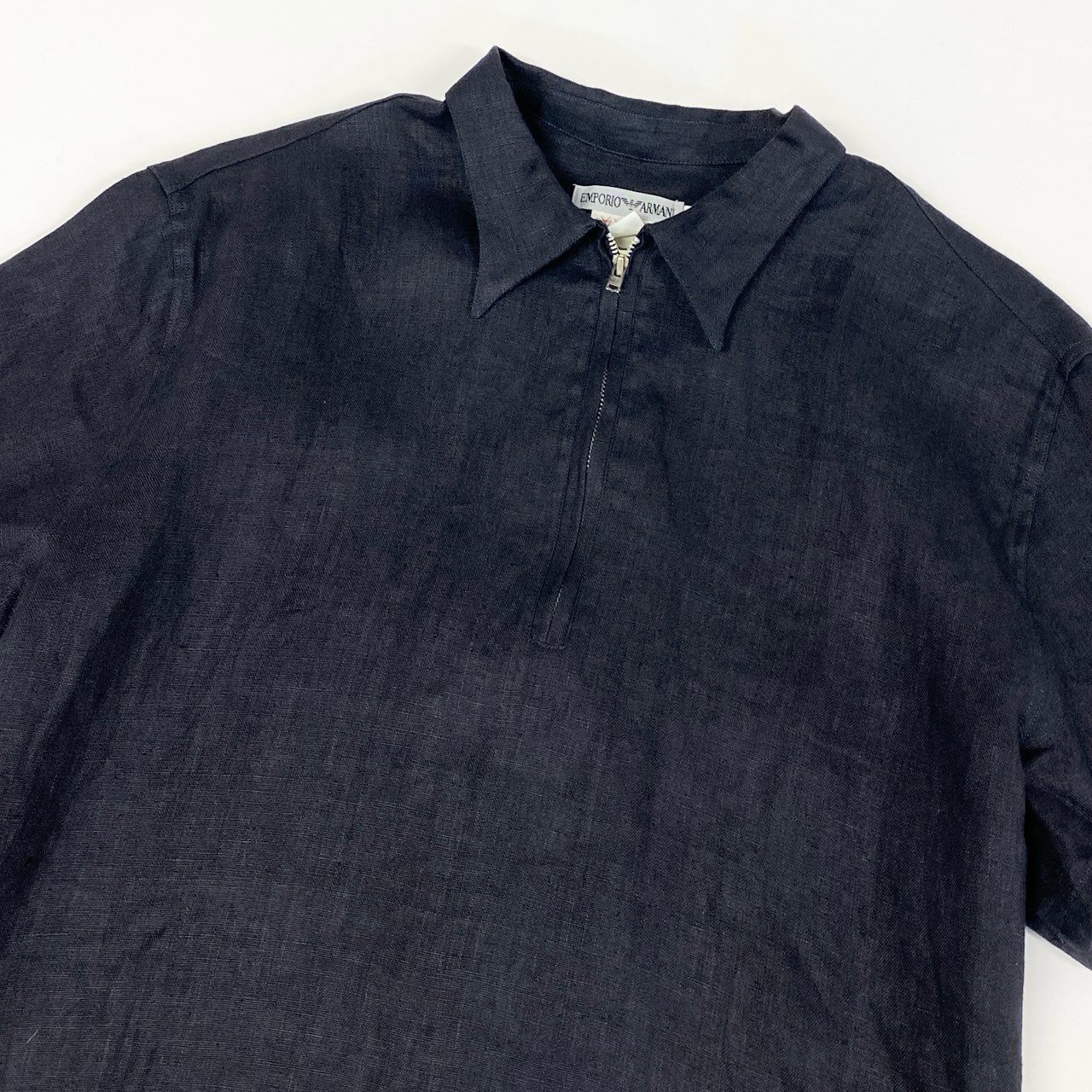 32i9 EMPORIO ARMANI エンポリオアルマーニ 半袖ポロシャツ リネンシャツ ハーフジップアップ 90’s~00’s old メンズ 男性用 M ブラック リネン100%u02t