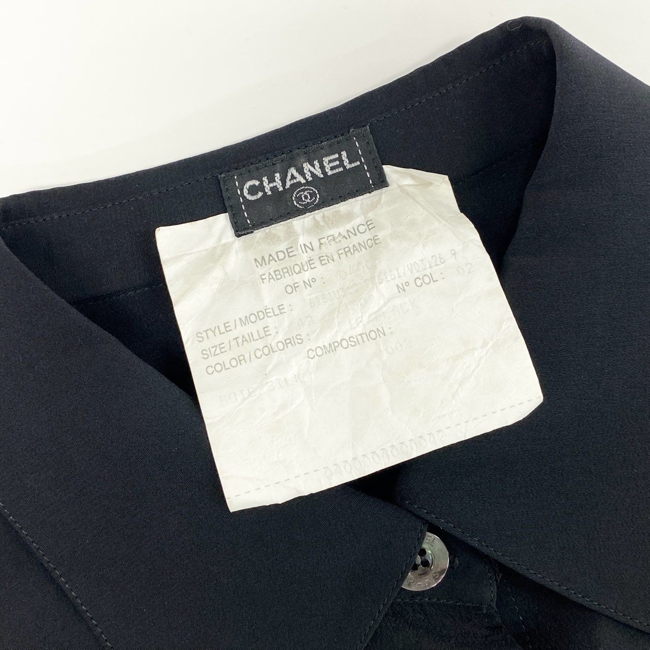 13f7 CHANEL シャネル 総シルク シェルボタン 長袖ブラウス シャツ ロングスリーブ 紙タグ VINTAGE 42 ブラック シルク100%