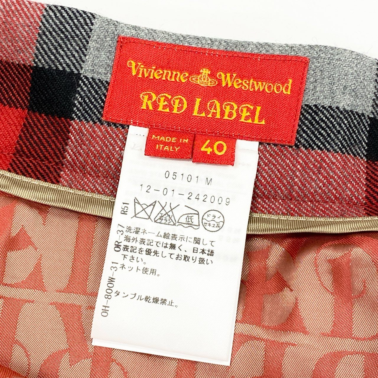 56f16 イタリア製 Vivienne Westwood RED LABEL ヴィヴィアンウエストウッド レッドレーベル 立体裁断 ミニスカート チェックスカート オーブボタン 裏地ロゴ総柄 サイズ40 レッド グレー ウール100% レディース