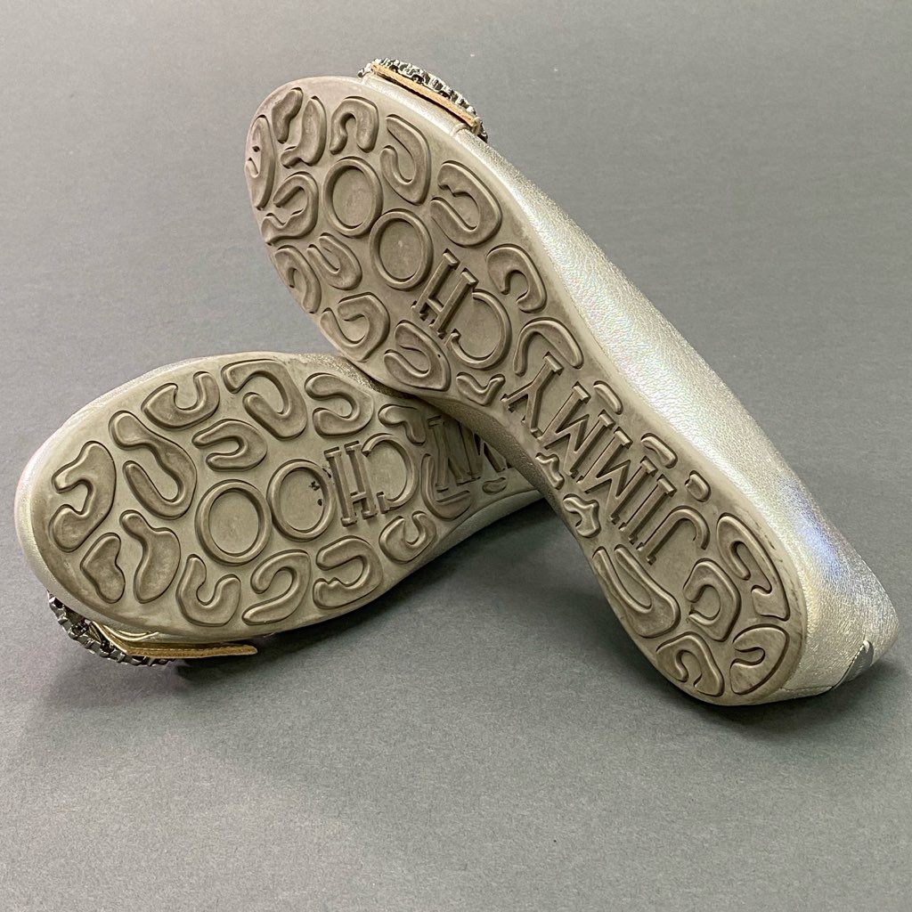 3d7 JIMMY CHOO ジミーチュウ フラットシューズ バレエシューズ メタリック ビジューバックル パンプス ラウンドトゥ 36 シルバー
