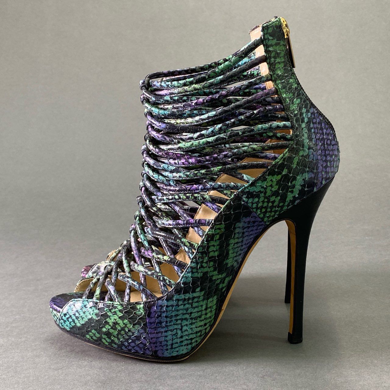 1e2 JIMMY CHOO ジミーチュウ グラディエーター パイソン ヒールサンダル 36 1/2 グリーン パープル レザー シューズ パンプス イタリア製