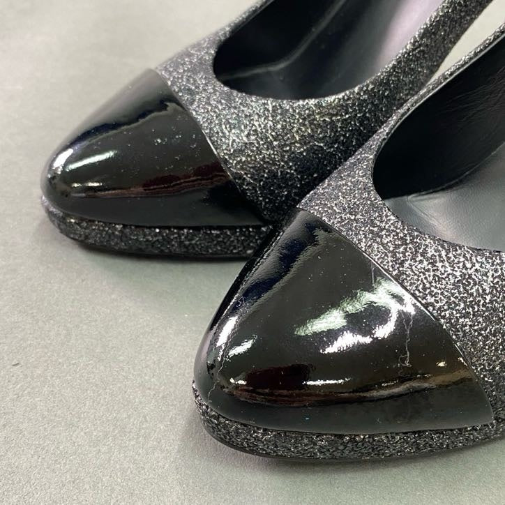 4f4 《美品》 CHANEL シャネル ココマーク エナメルトゥ グリッター パンプス 36C ブラック グレー シューズ イタリア製