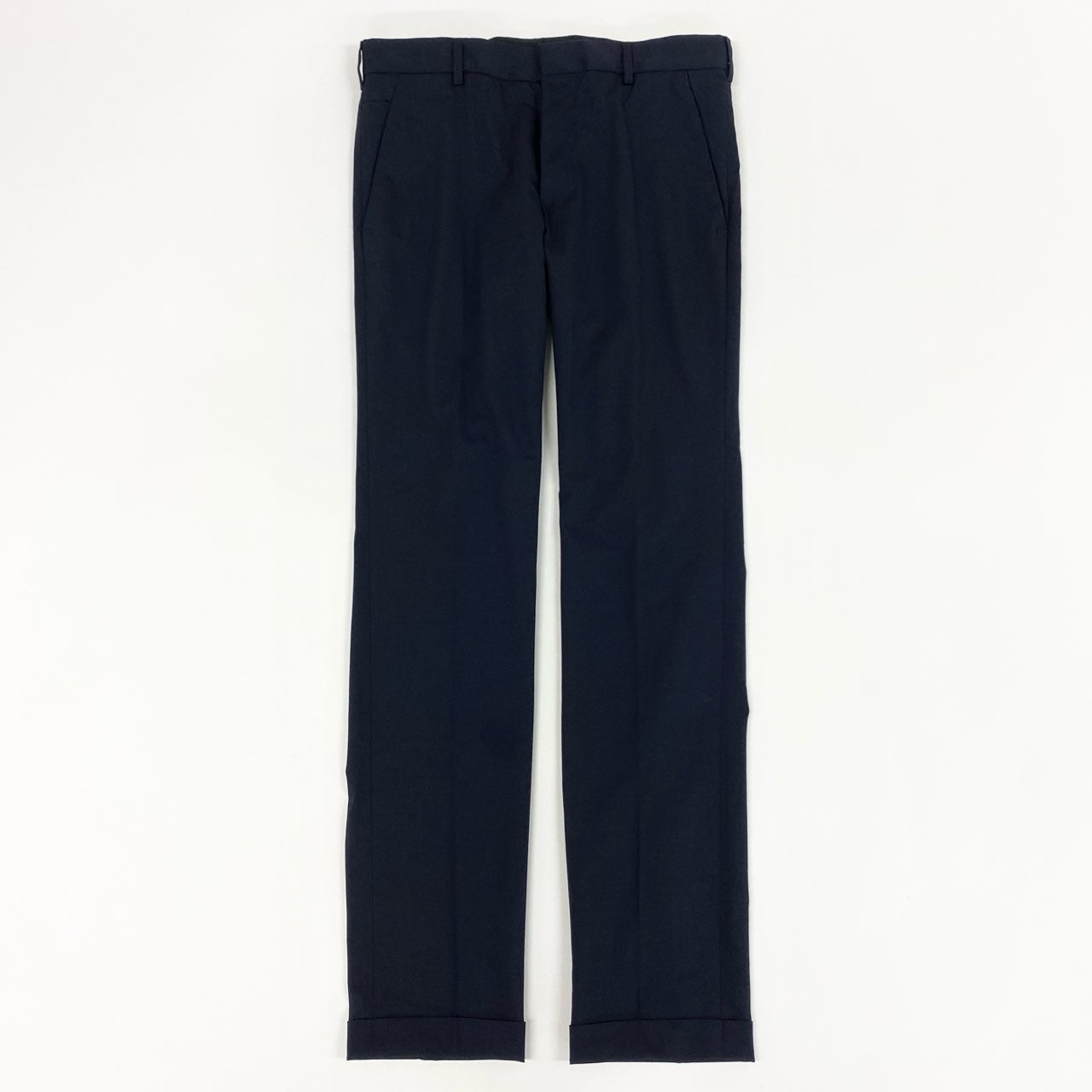 35k28④ 《美品》 PRADA プラダ イタリア製 スラックスパンツ テーパードパンツ バージンウール混 伸縮ストレッチ◎ ビジネス 通年 DNA559 44 ネイビー