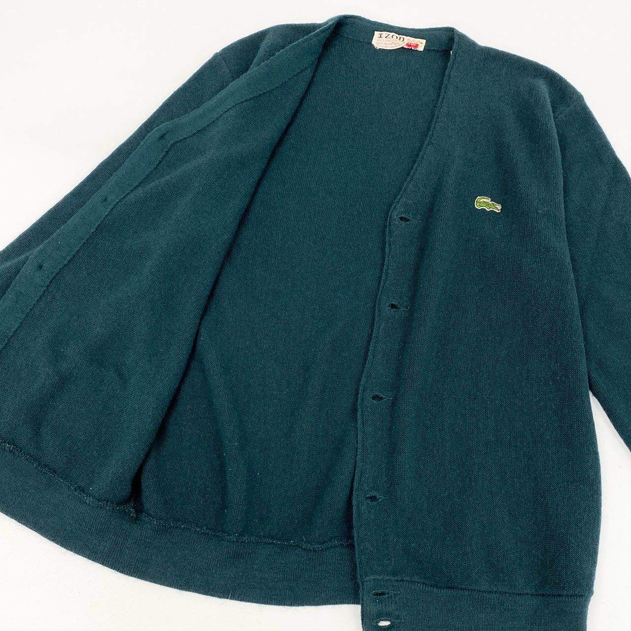 42h22 80’S LACOSTE ヴィンテージ ラコステ IZOD アクリル100% ワンポイントロゴ ニットカーディガン (M~L相当) グリーン メンズ 男性用 vintage USA製k02i