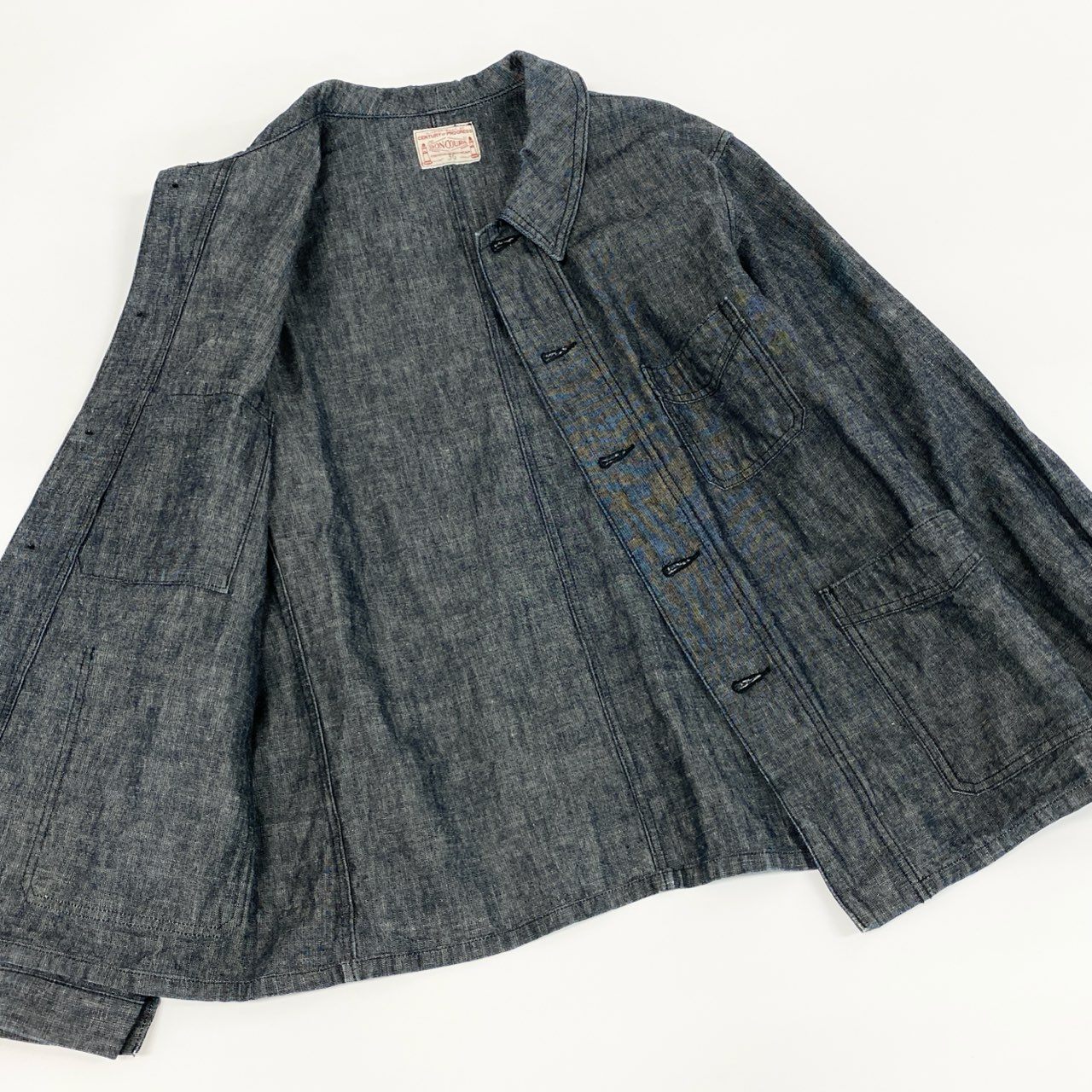 43f25 【美品】BONCOURA ボンクラ フレンチカバーオール コットンリネン ヘビーオンスシャンブレー サイズ36 ネイビー メンズ ワークジャケット