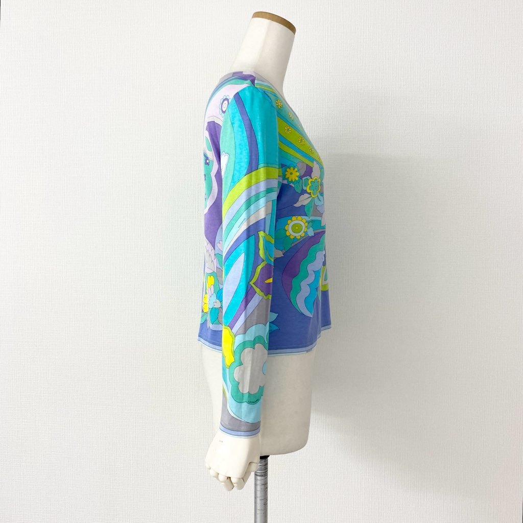 6e8 LEONARD レオナール 長袖Tシャツ ロングスリーブカットソー トップス 美しい花柄プリント サイズM マルチカラー コットン100% レディース 日本製