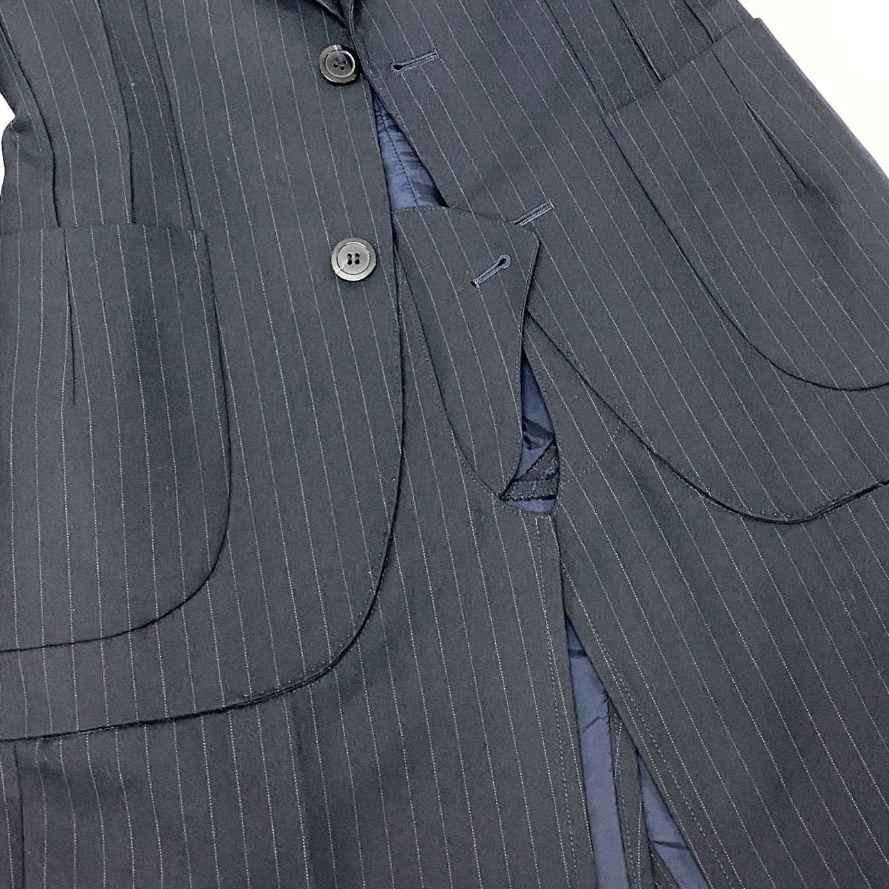53h27 JUNYA WATANABE COMME des GARCONS ジュンヤワタナベ コムデギャルソン ニット切替 変形チェスターコート 日本製 ストライプ JJ-C006 Sサイズ ブラック ウール レディースo07t