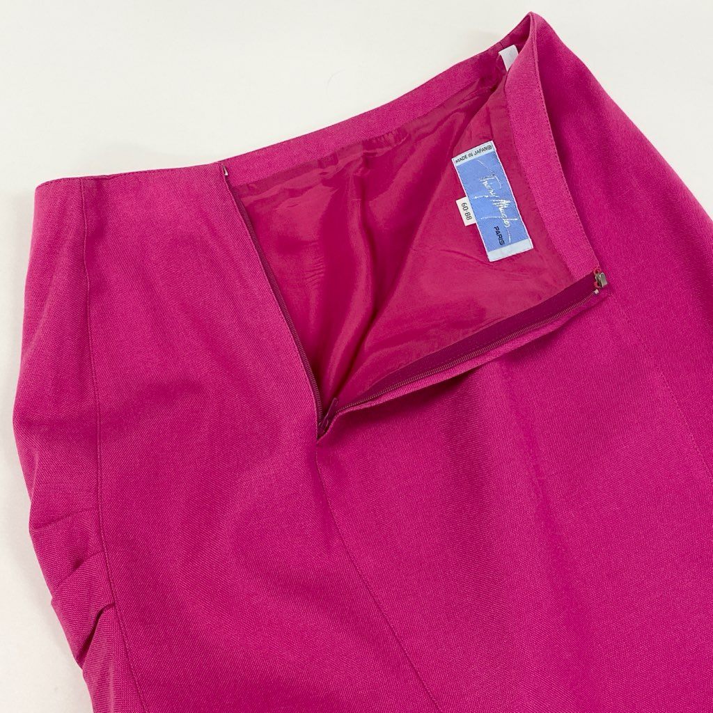 63d8-6 Thierry mugler ティエリー ミューグレー 半袖ジャケット/スカート スーツ セットアップ 変形デザイン サイズ7AR/60-88 ピンク レーヨン リネン レディース 日本製
