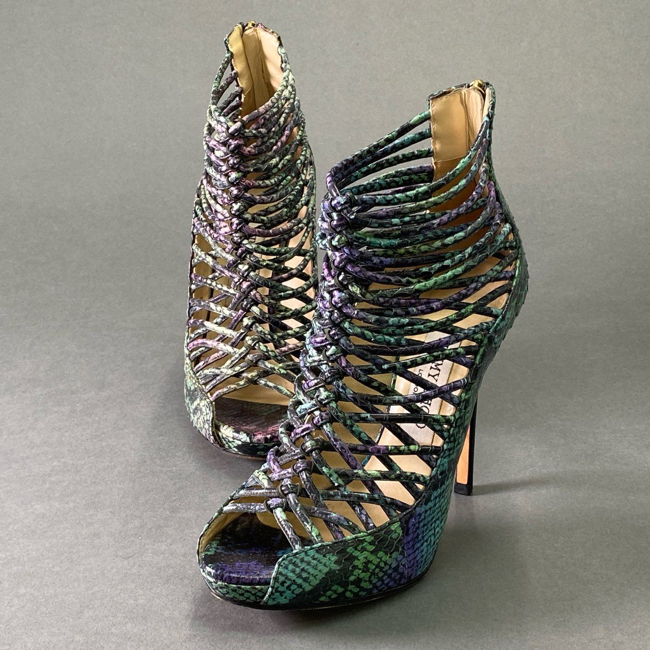 1e2 JIMMY CHOO ジミーチュウ グラディエーター パイソン ヒールサンダル 36 1/2 グリーン パープル レザー シューズ パンプス イタリア製