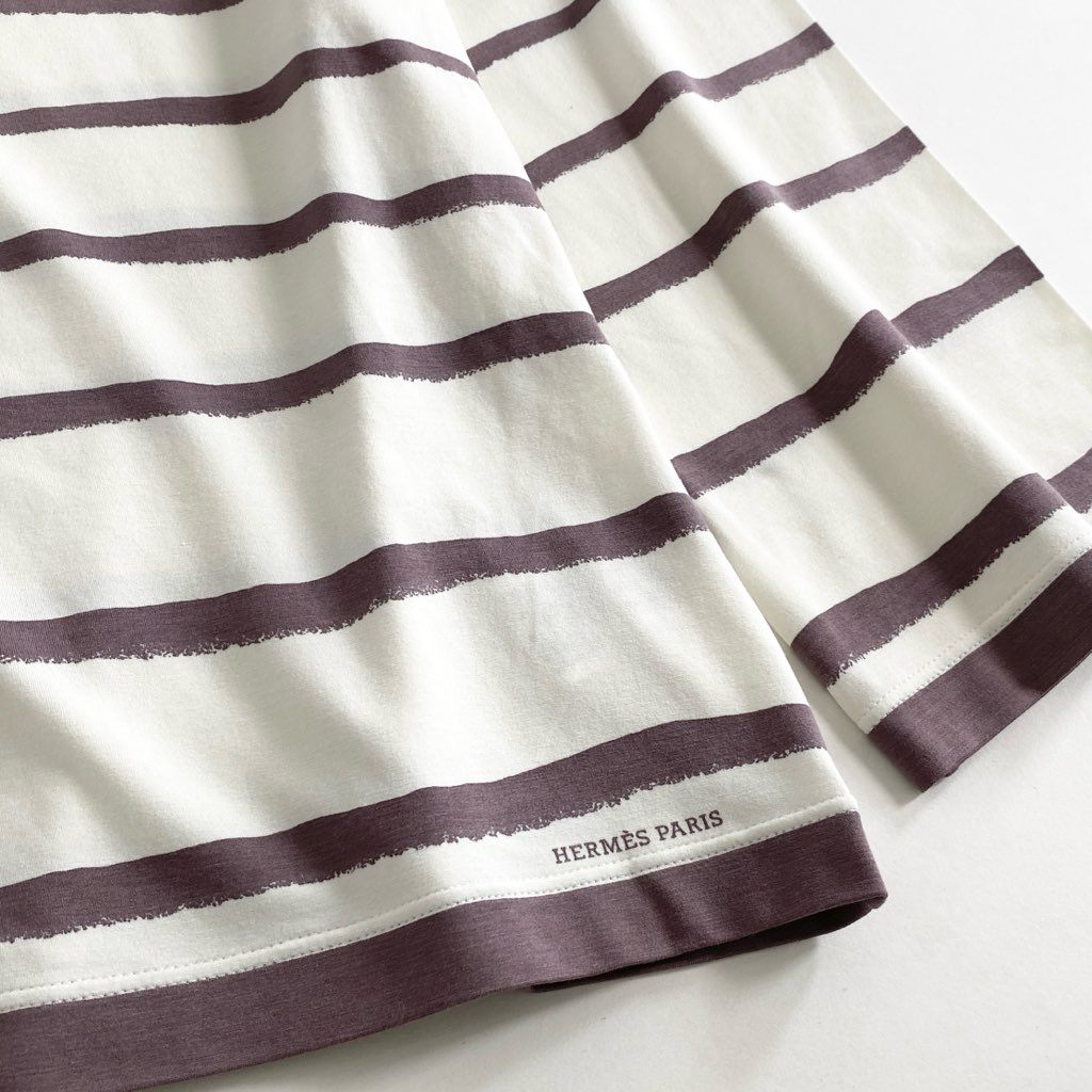 27f20-③ フランス製 HERMES エルメス 裾ロゴプリント 7分袖 ボーダーカットソー トップス 伸縮ストレッチ素材 サイズL パープル系×ホワイト レディース